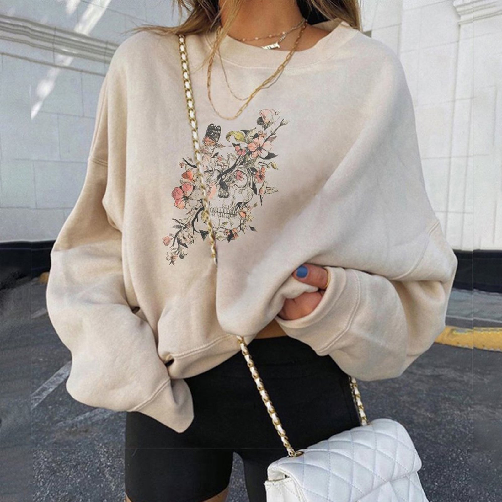 Minnieskull Butterfly Flowers Skull Sweatshirt - chicyea