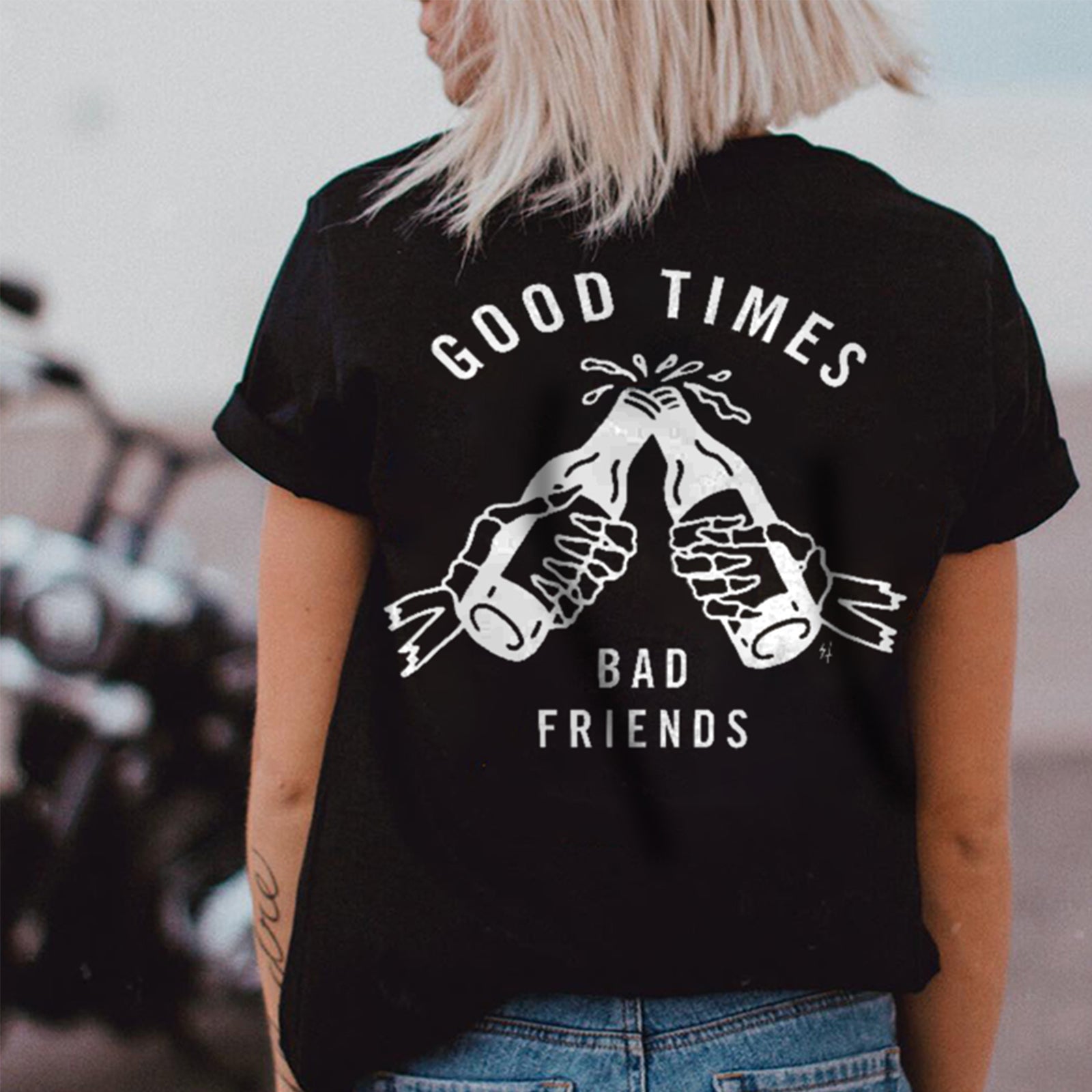 Minnieskull Good Times Bad Friends Printed Black T-Shirt - chicyea