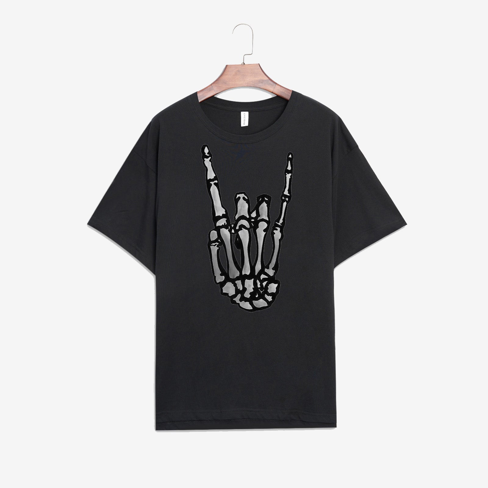 Minnieskull Cool Skeleton Hand Mano Cornuto Gesture Print Plus T-Shirt - chicyea