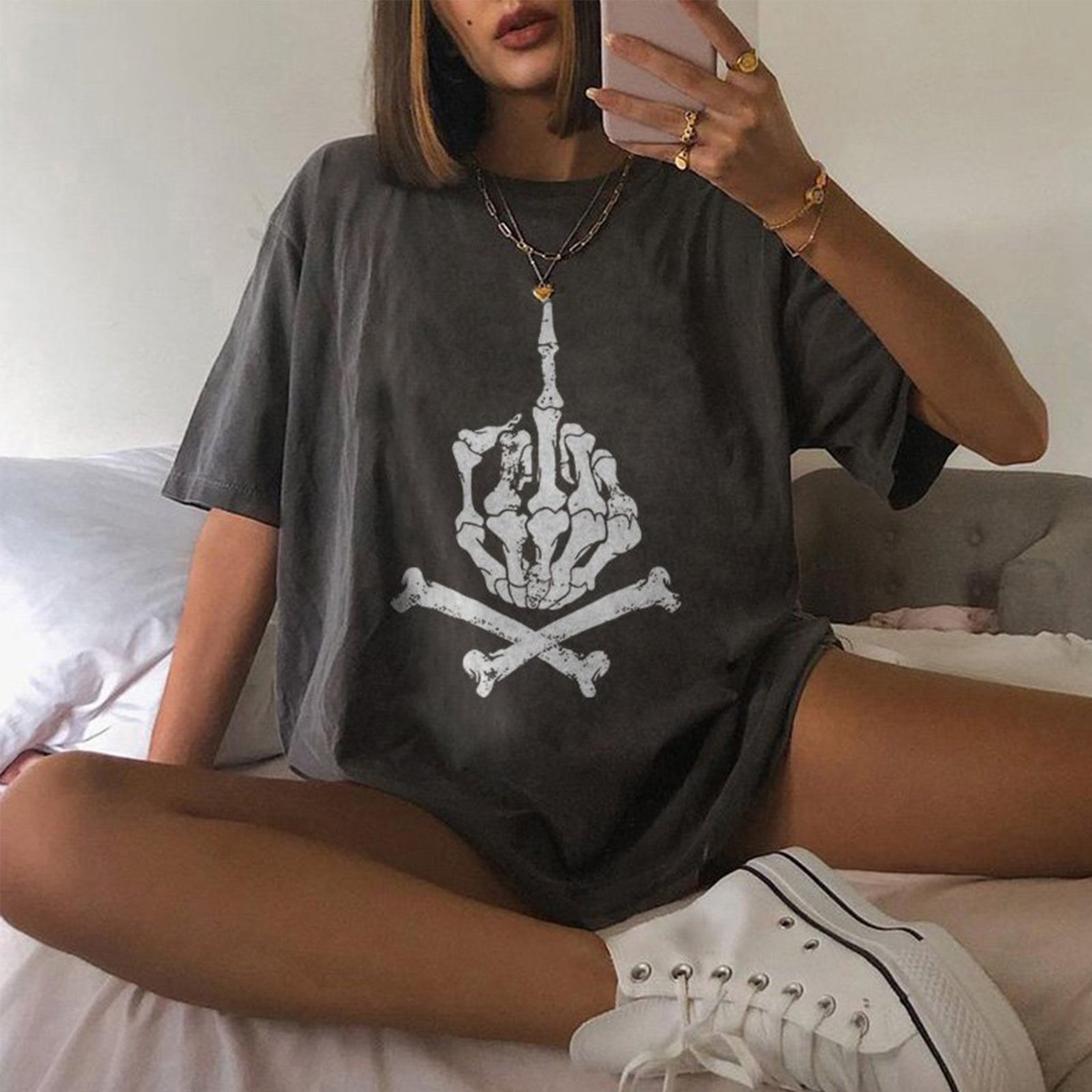 Minnieskull Skeleton Hand Middle Finger Print Designer T-Shirt - chicyea