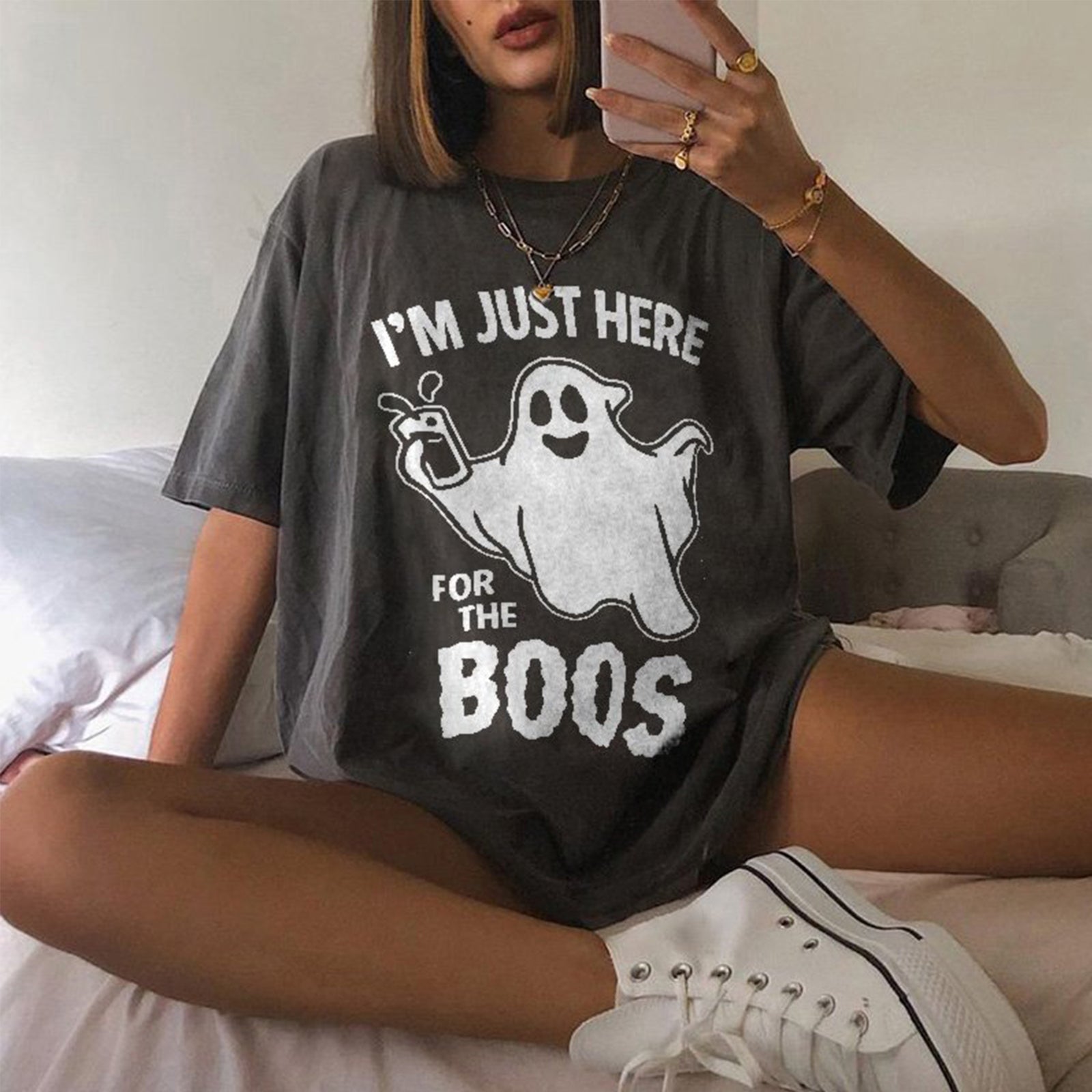 Minnieskull Cool Ghost Print Women T-Shirt - chicyea