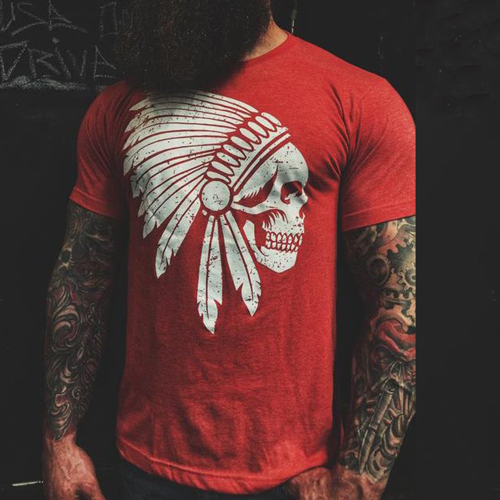 Livereid Red White Tribal Skull Print T-Shirt - chicyea