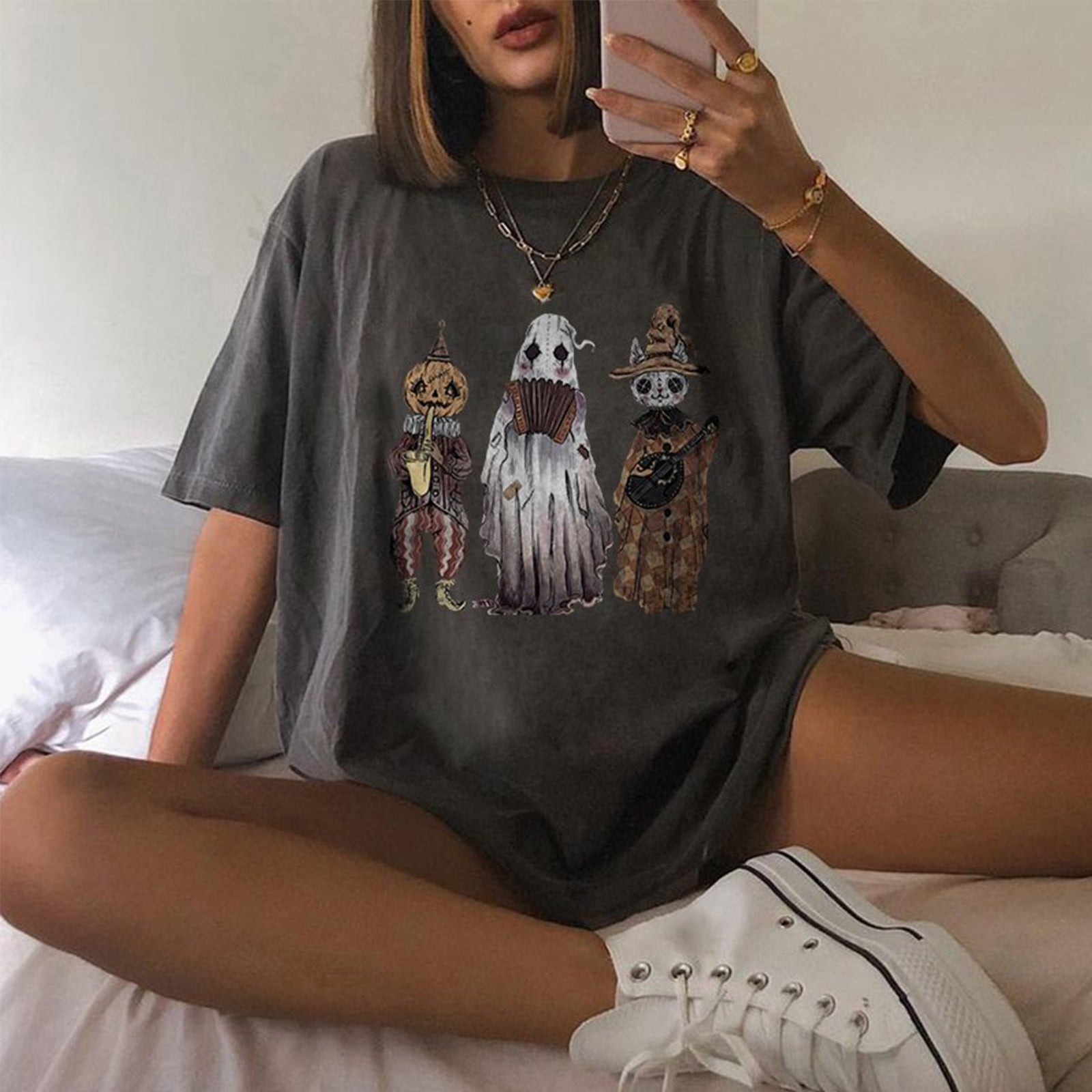 Minnieskull Pumpkin Ghost Cat Printed T-Shirt - chicyea