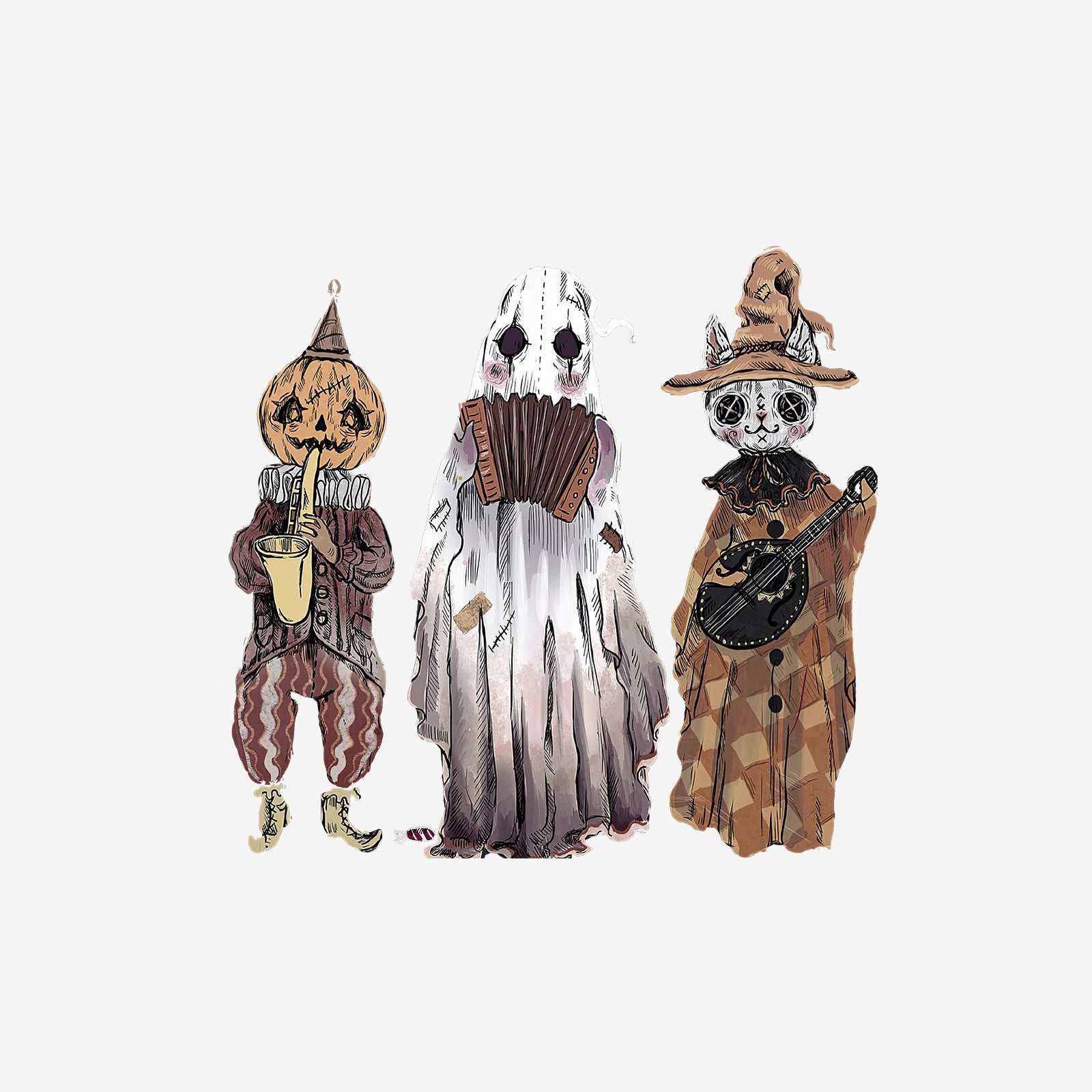 Minnieskull Pumpkin Ghost Cat Printed T-Shirt - chicyea