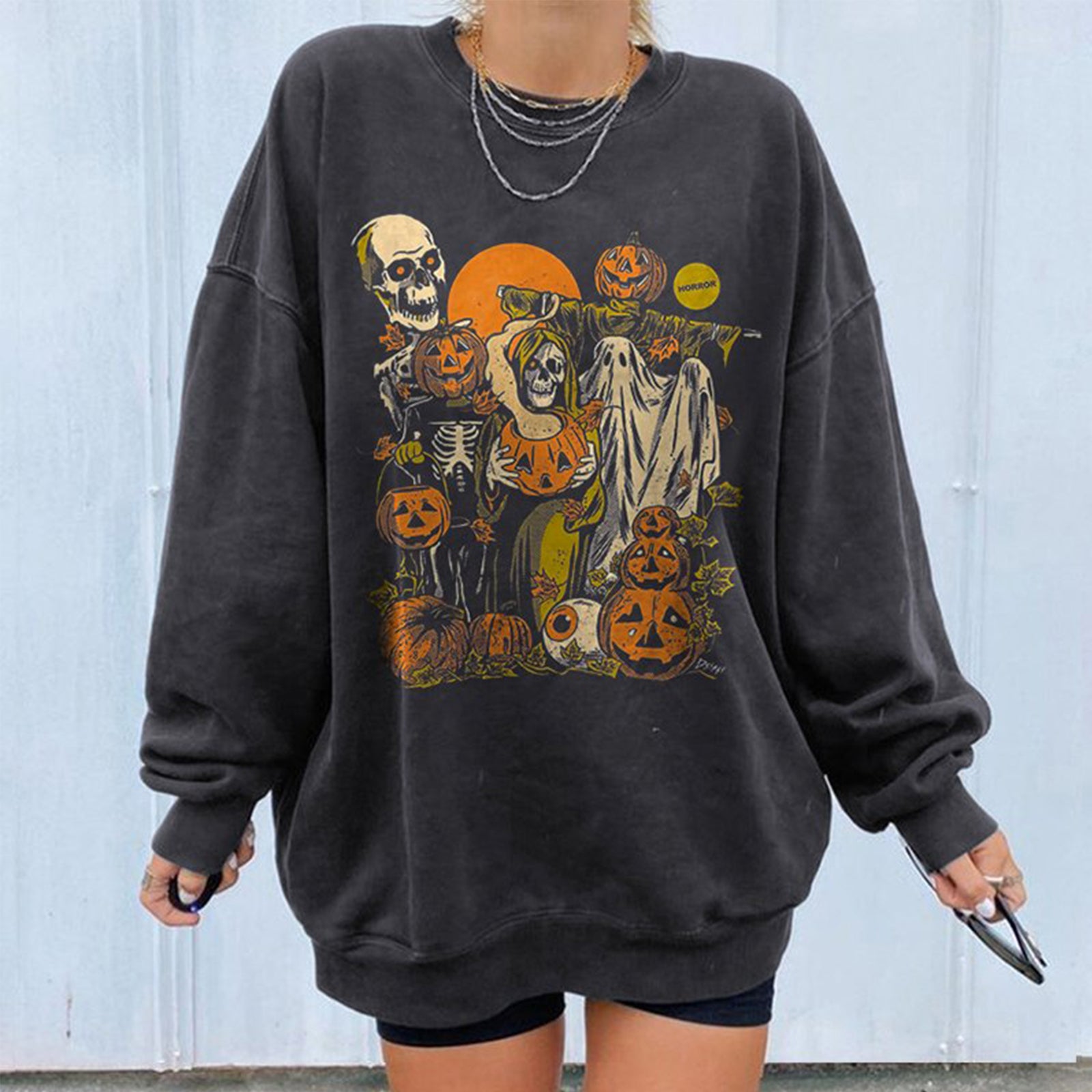 Minnieskull Halloween Pumpkin Skull Print Reaper Sweatshirt - chicyea