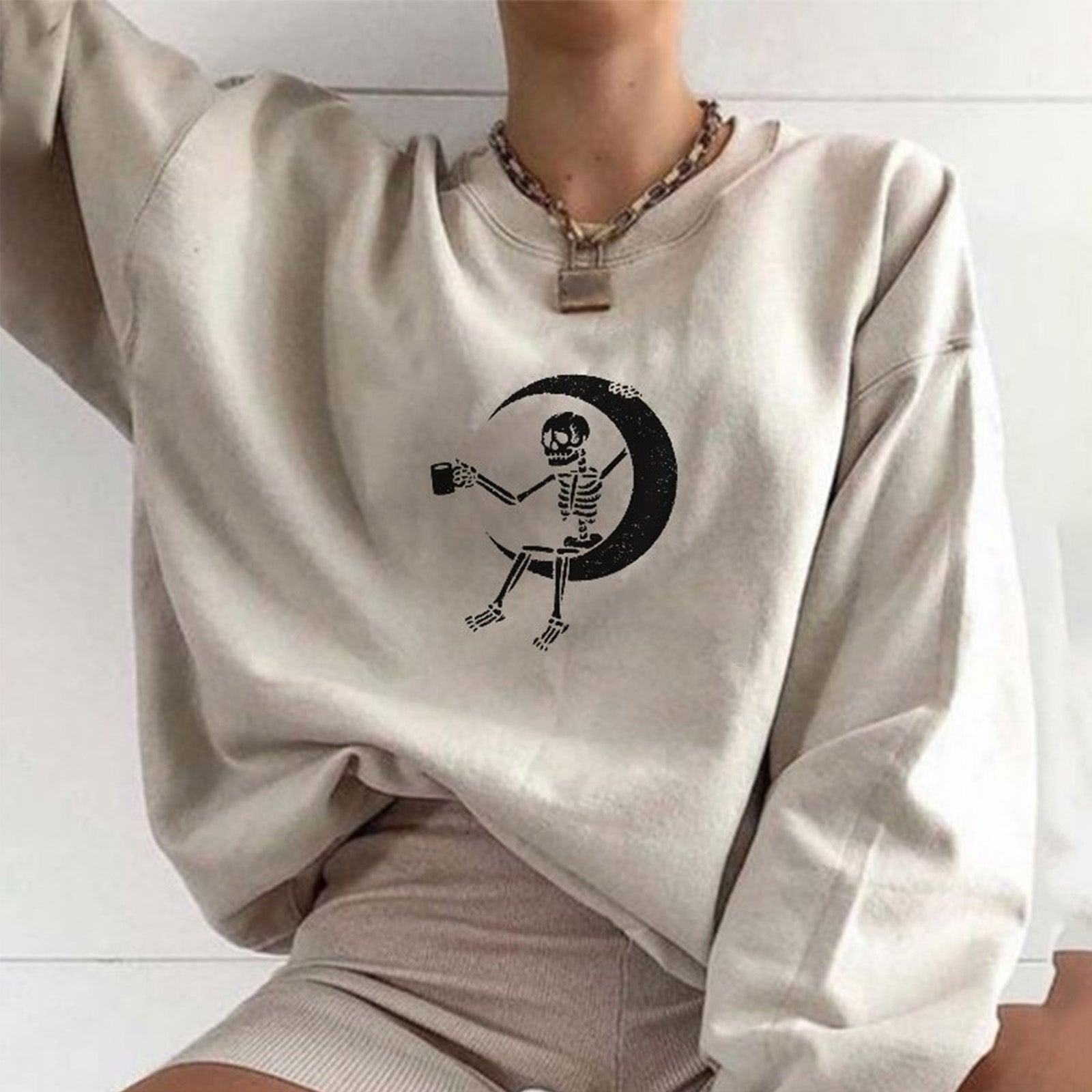 Minnieskull Cool Skull Crescent Moon Designer Print Sweatshirt - chicyea