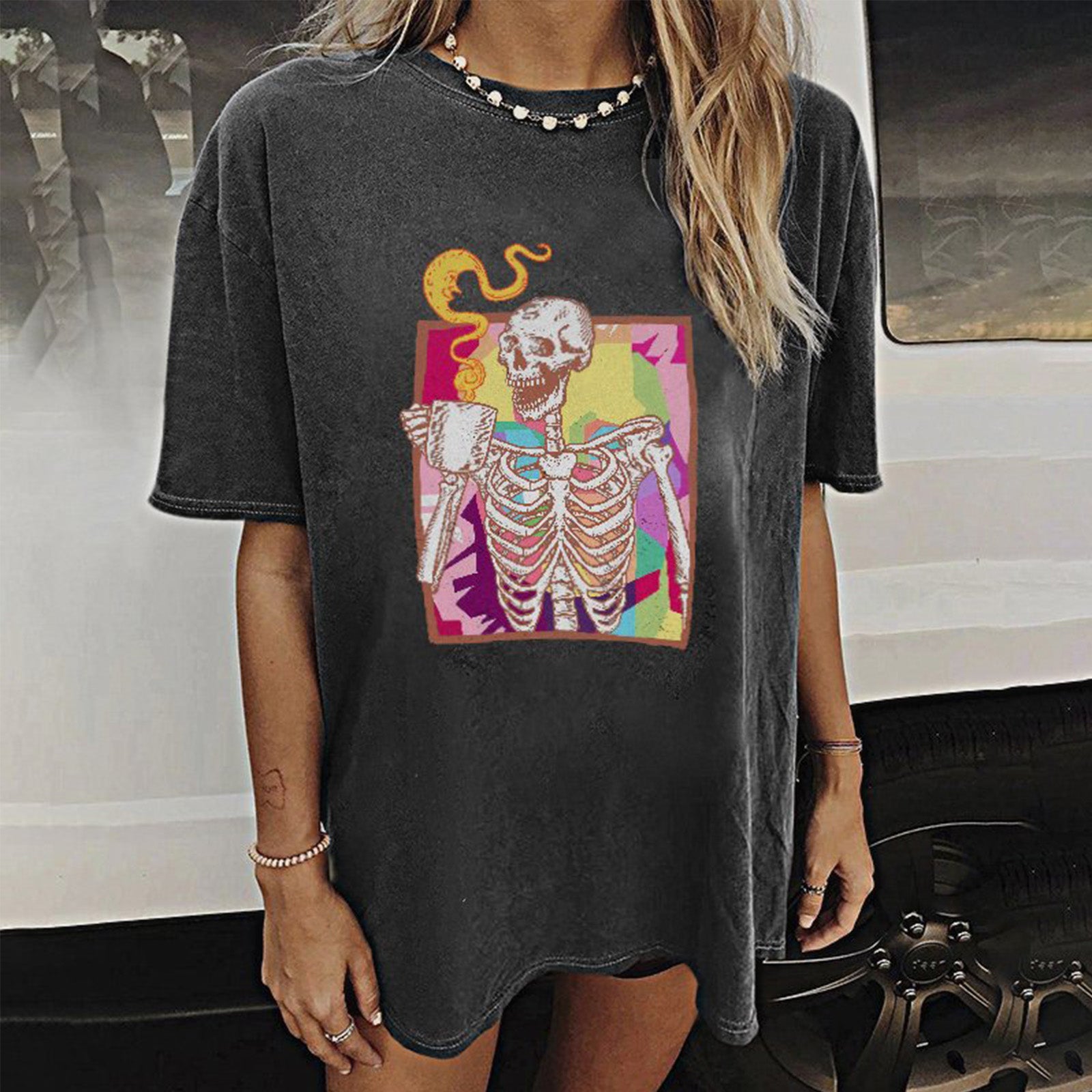 Minnieskull Color Skull Printing Casual T-Shirt - chicyea