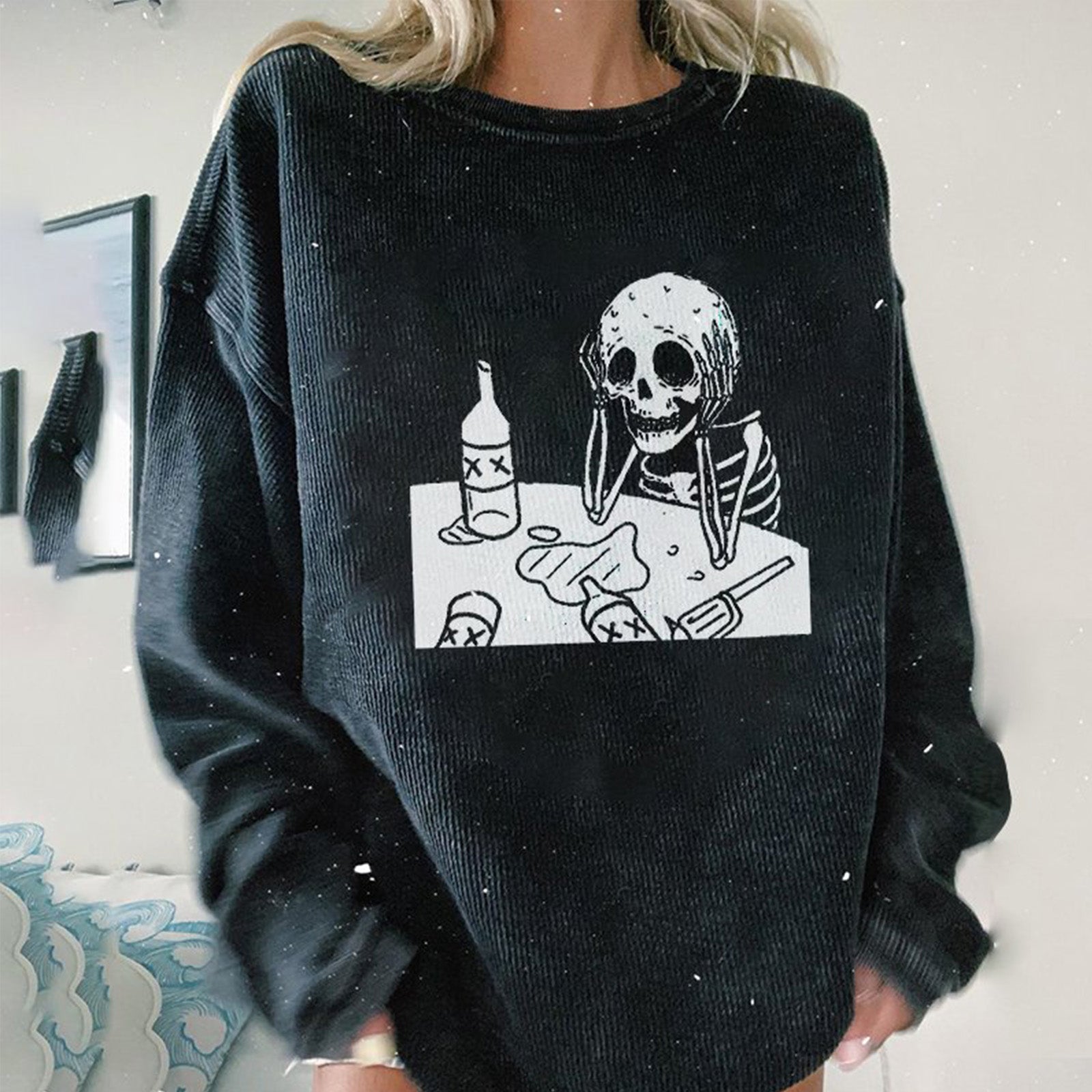 Minnieskull Skull Drinking Print Designer Plus Sweatshirt - chicyea