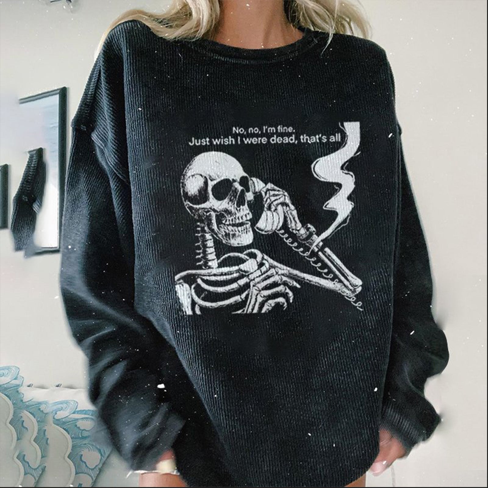 Minnieskull Cool Skull Phone Print Casual Sweatshirt - chicyea