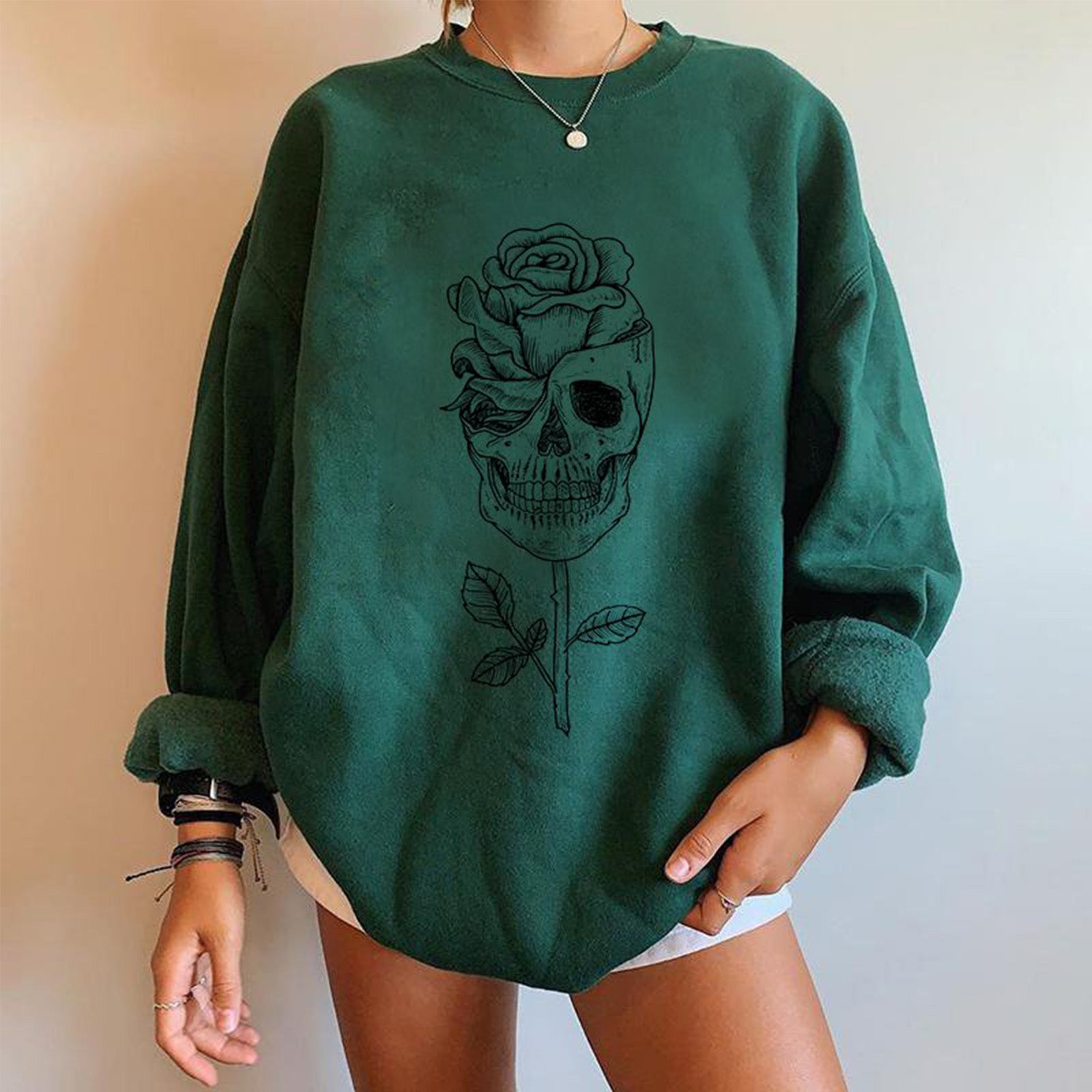 Minnieskull Cool Skull Rose Long Sleeve Sweatshirt - chicyea