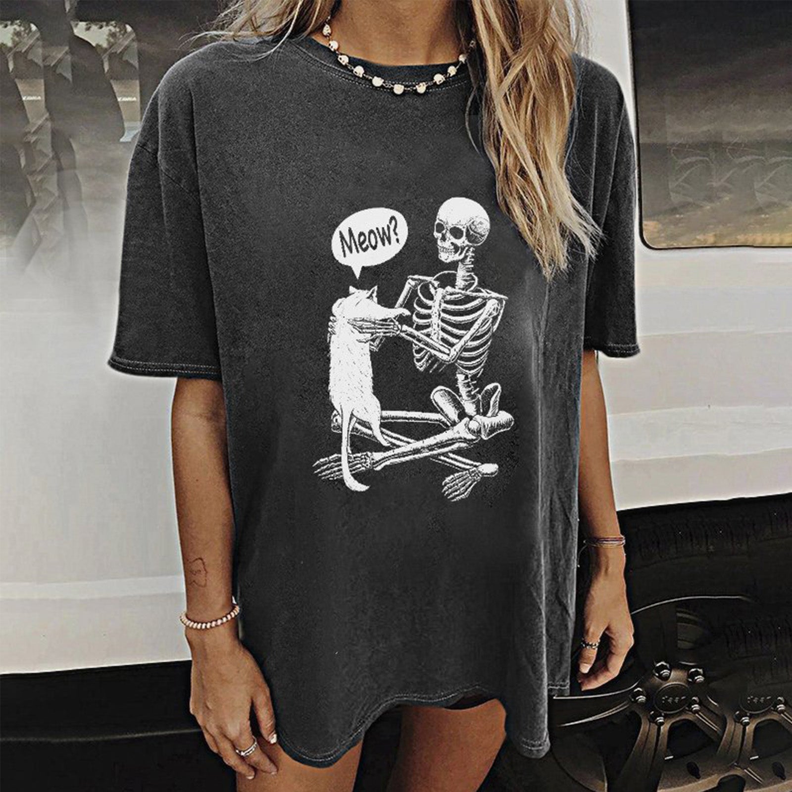 Minnieskull Cool Meow And Skull Printed Designer T-Shirt - chicyea