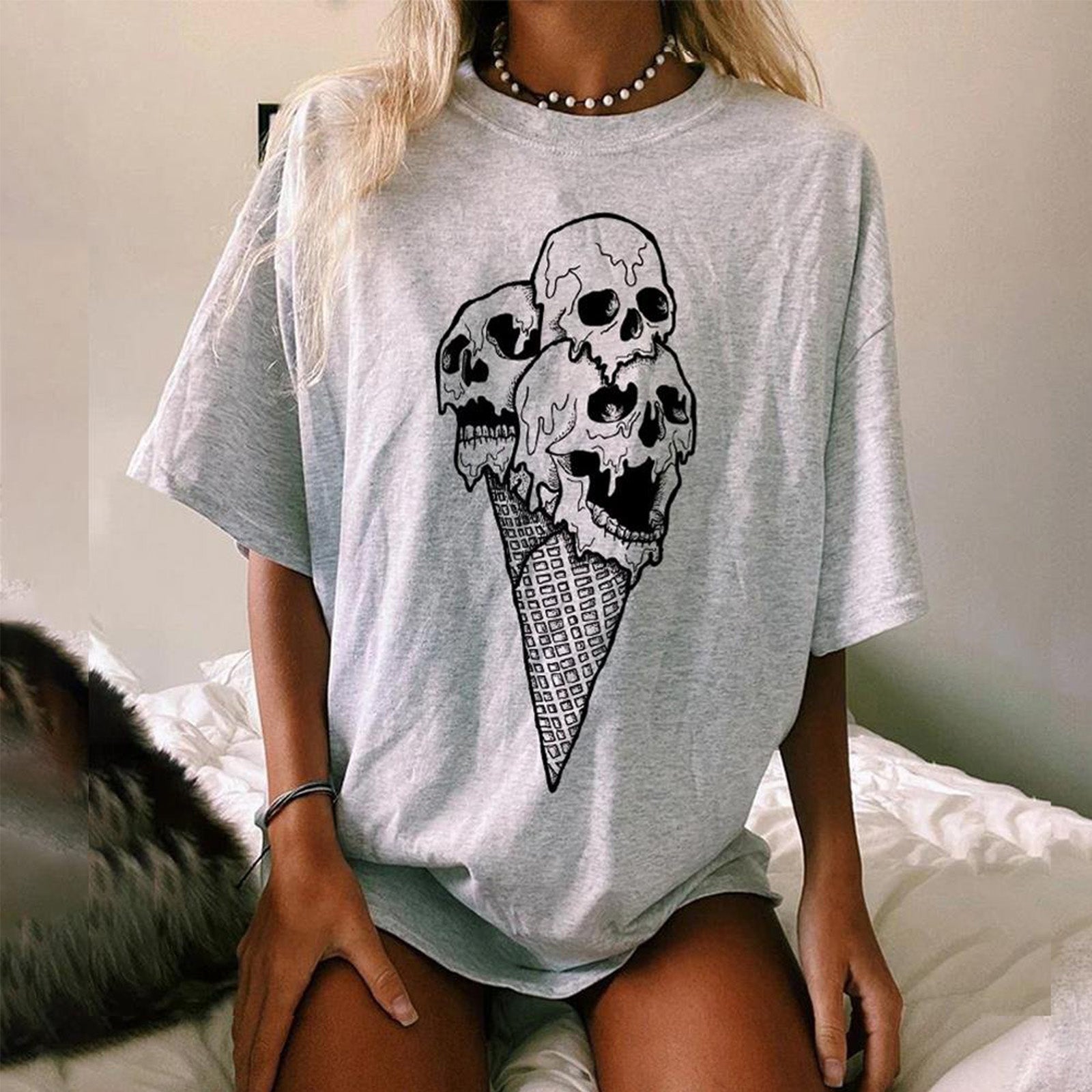 Minnieskull Cool Ice Cream Skulls Printed Plus T-Shirt - chicyea