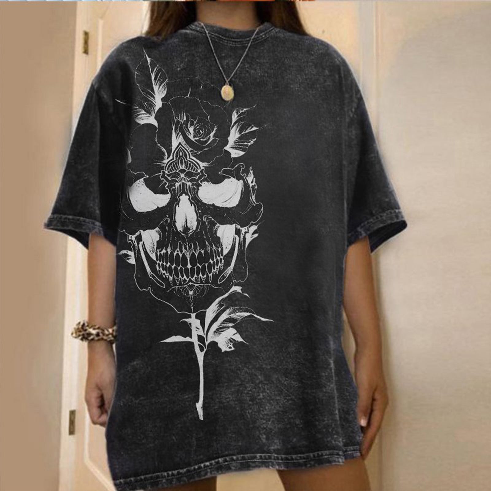 Minnieskull Casual Skull Floral Designer Oversized T-Shirt - chicyea