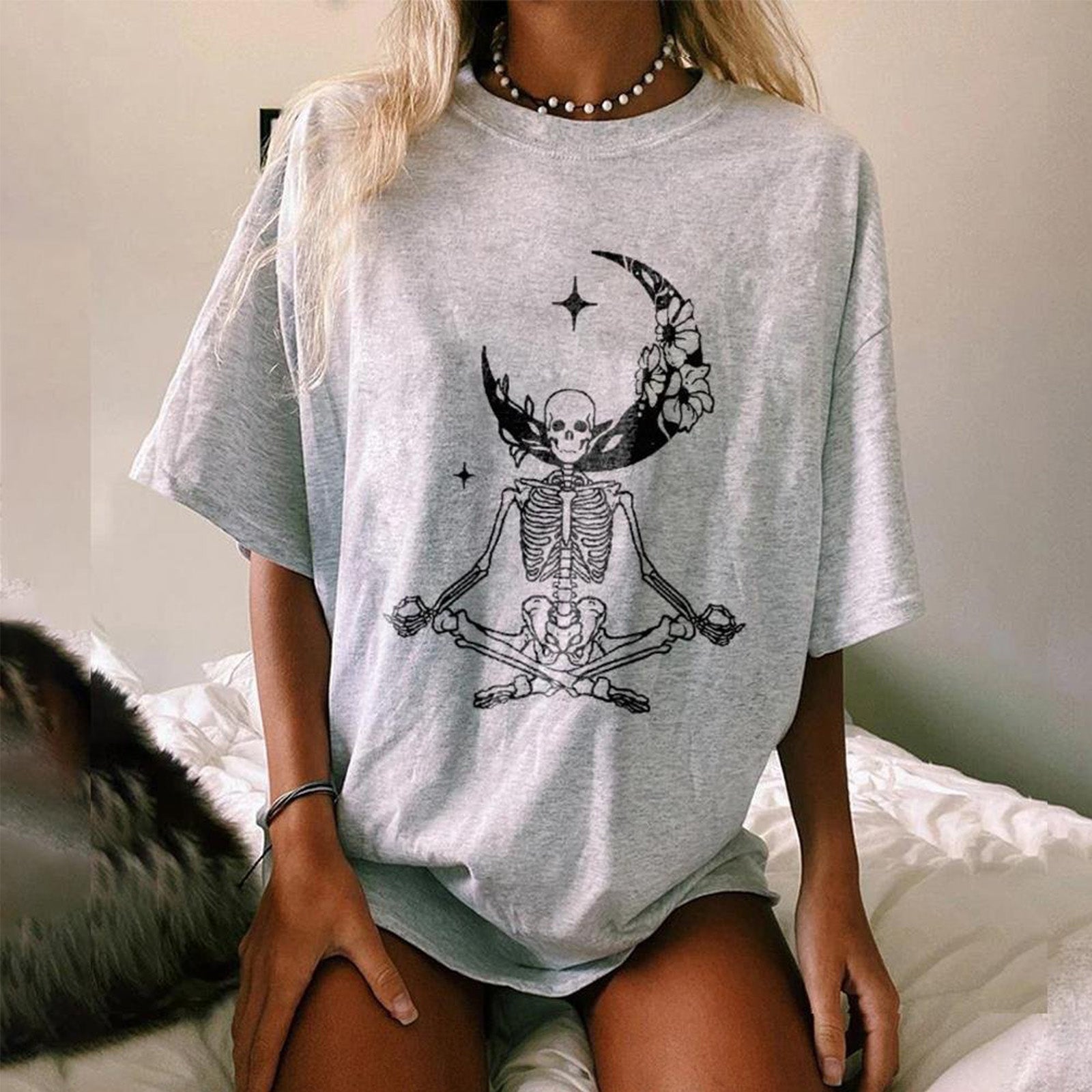 Minnieskull Meditating Skull Moon Flower Printed Designer T-Shirt - chicyea