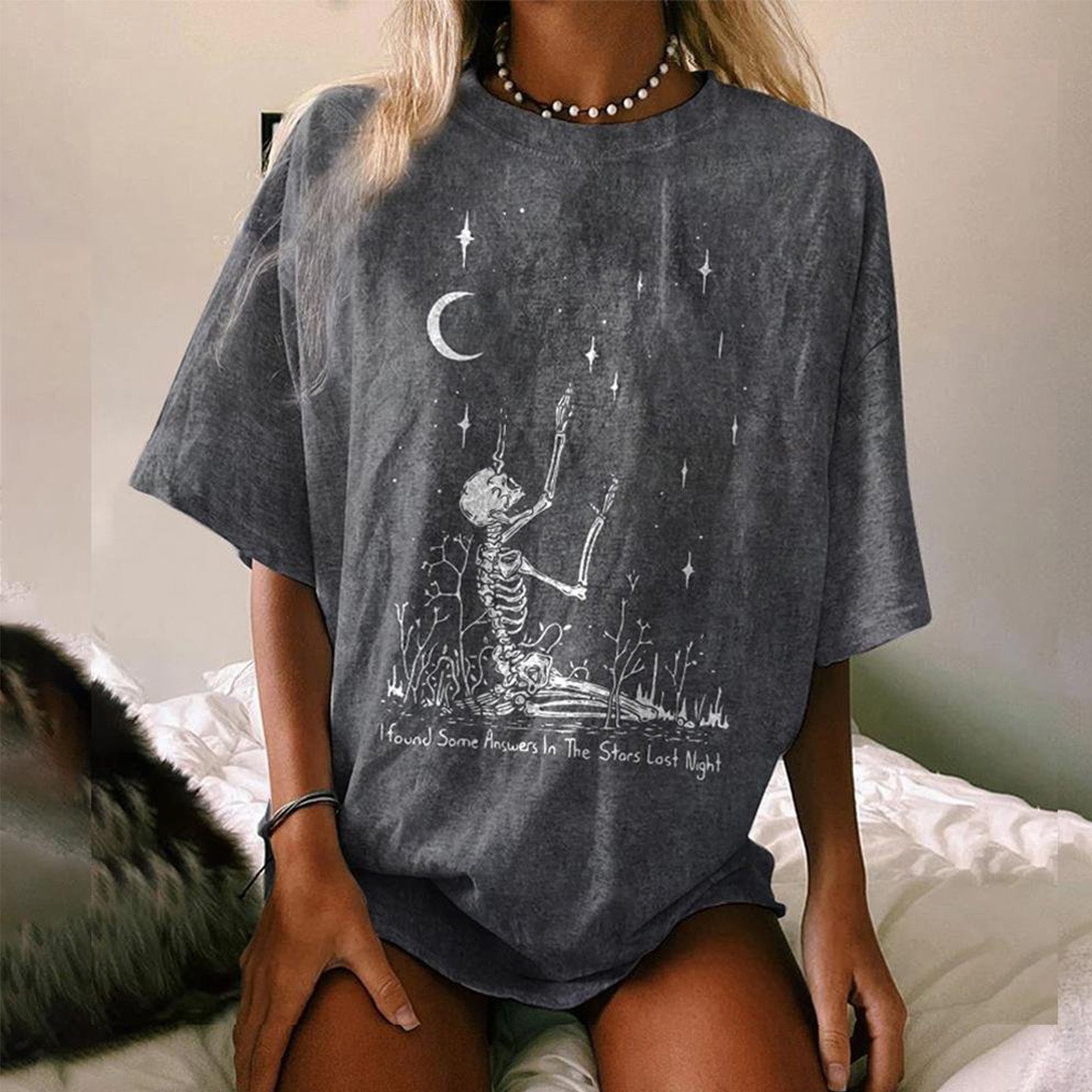 Minnieskull Skull Moon Letter Printing Casual T-Shirt - chicyea