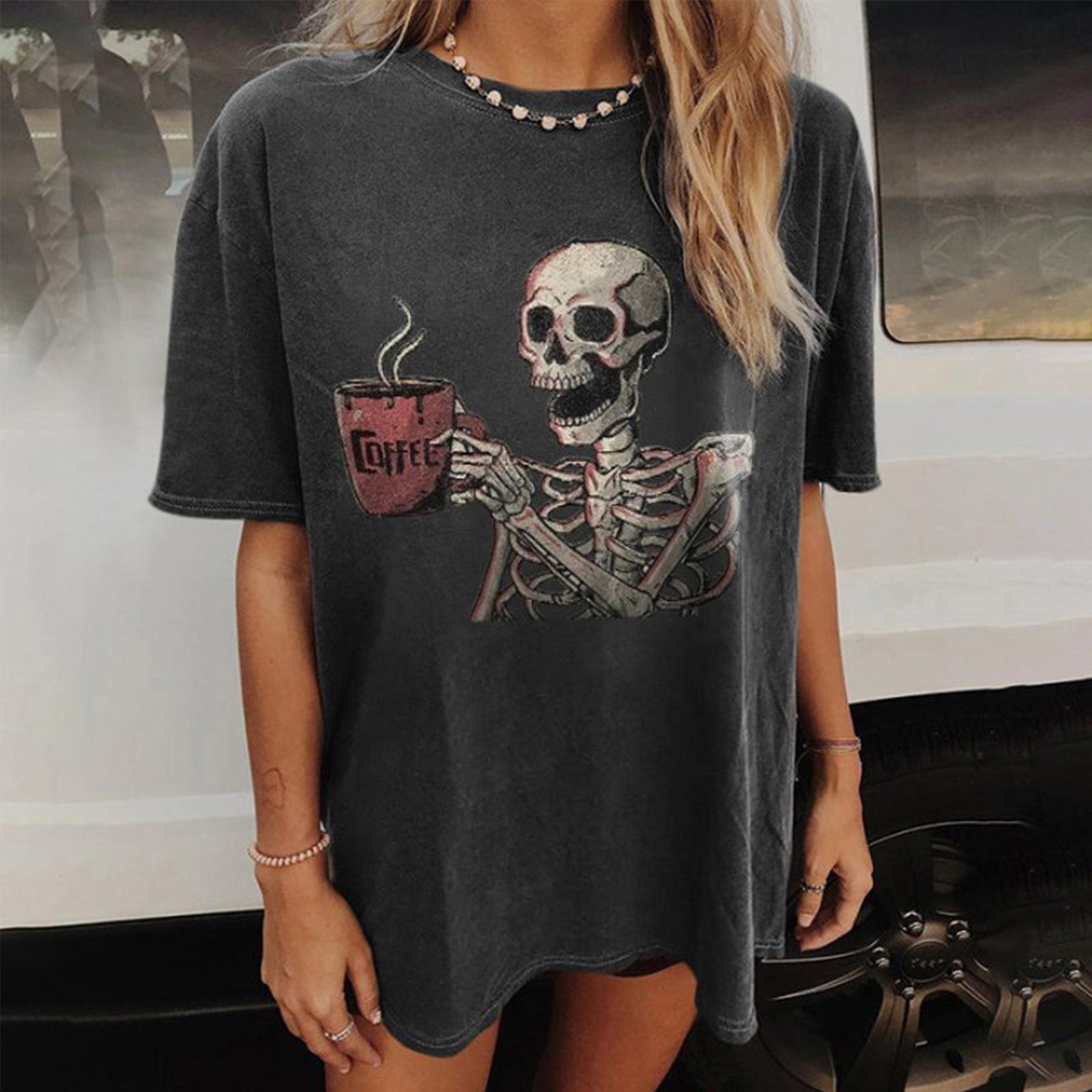 Minnieskull Casual Skull Coffee Print T-Shirt - chicyea