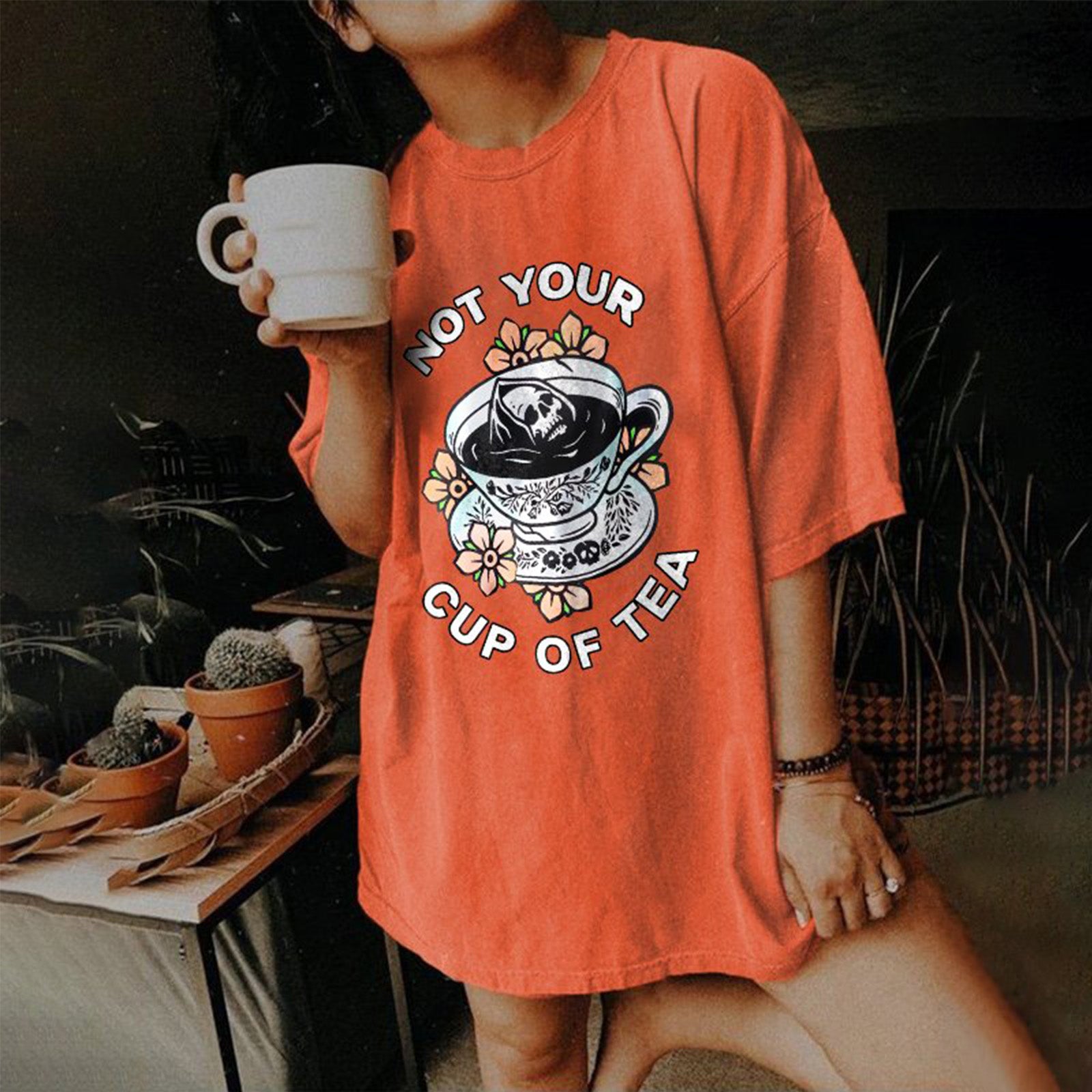 Minnieskull Not Your Cup Of Tea Skull Print T-Shirt - chicyea
