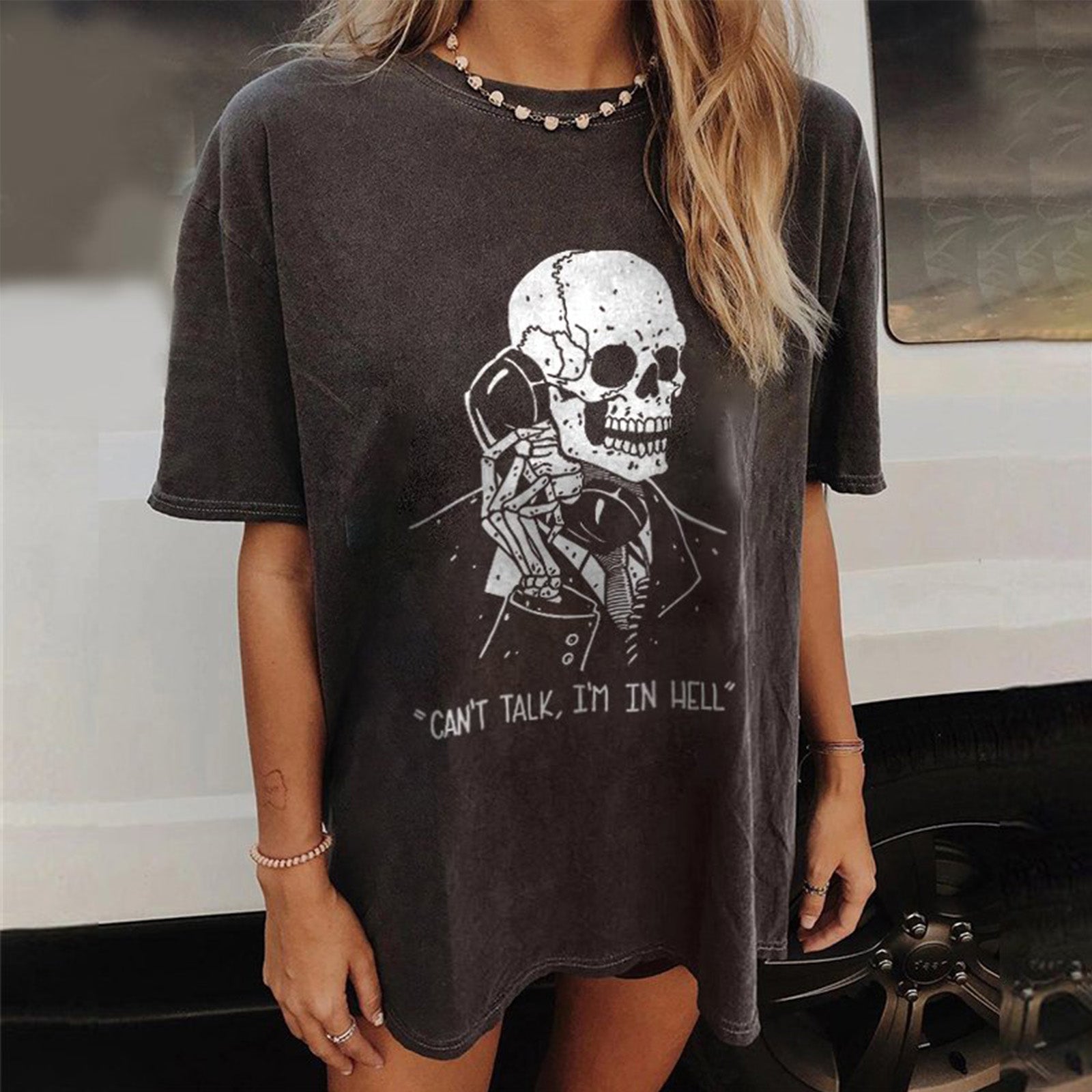 Minnieskull ''Can'T Talk,I'M In Hell'' Skull Print T-Shirt - chicyea