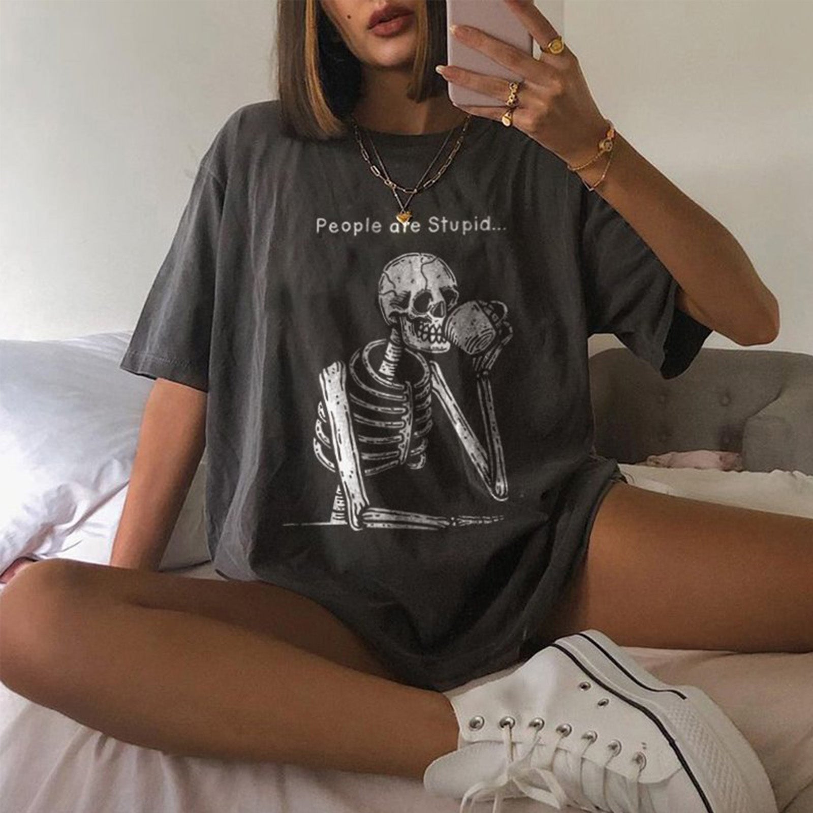 Minnieskull People Are Stupid Skull Print T-Shirt - chicyea