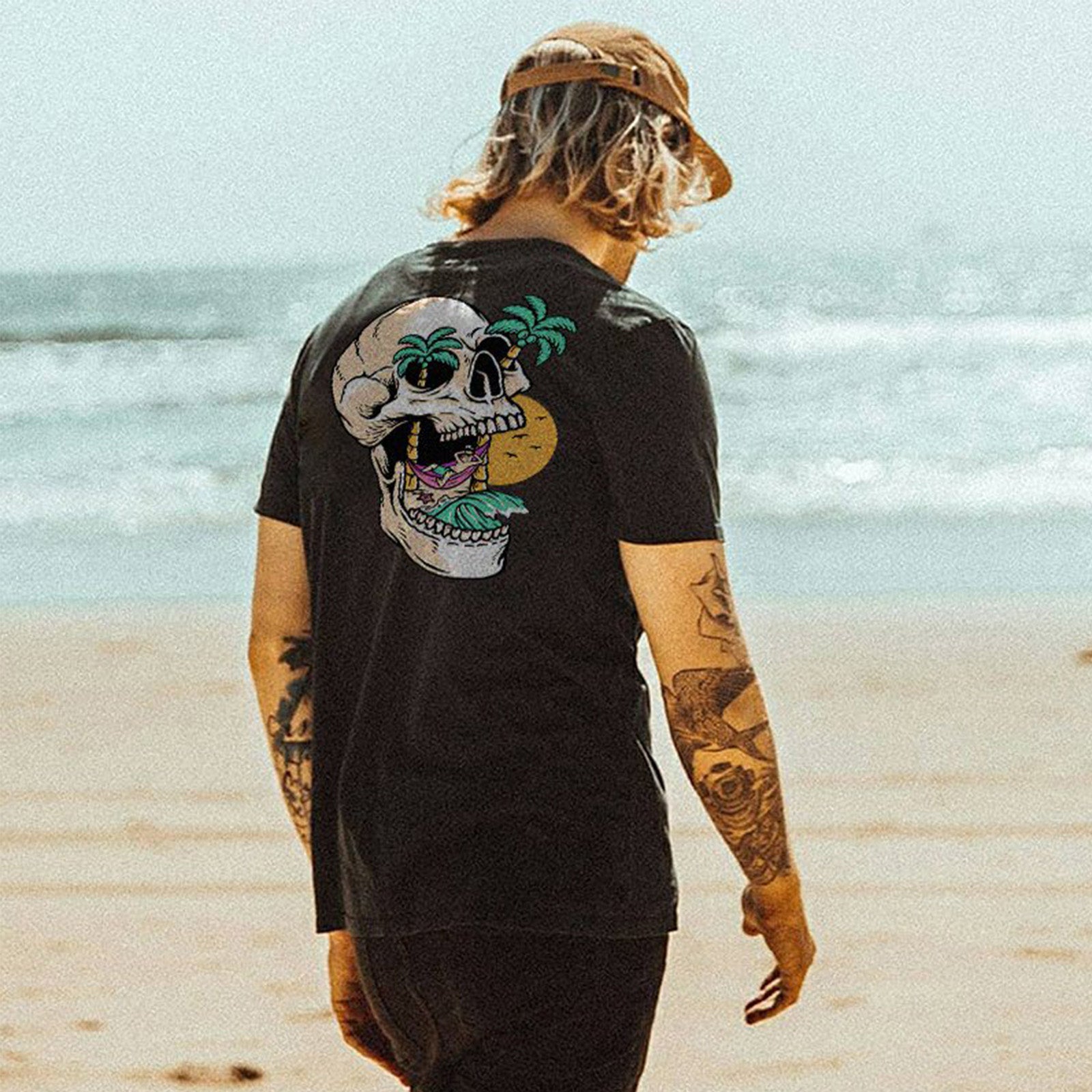 Uprandy Coconut Tree Skull Graphic Art T-Shirt - chicyea