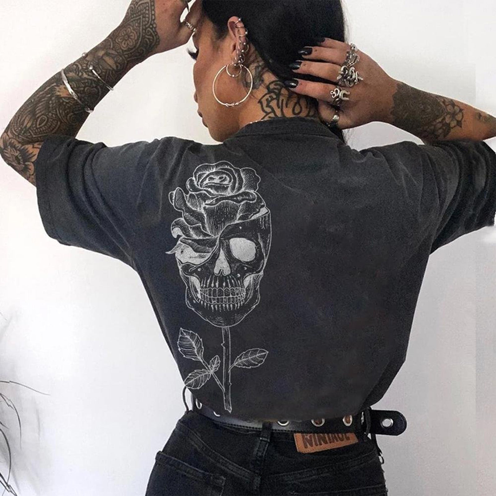 Minnieskull Rose Skull Print Women Plus T-Shirt - chicyea