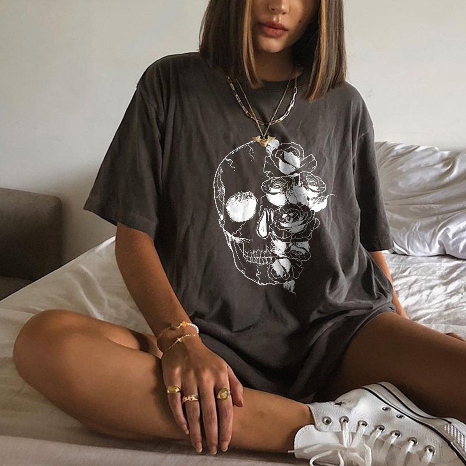 Minnieskull Skull Head Rose Print Women Fashion T-Shirt - chicyea