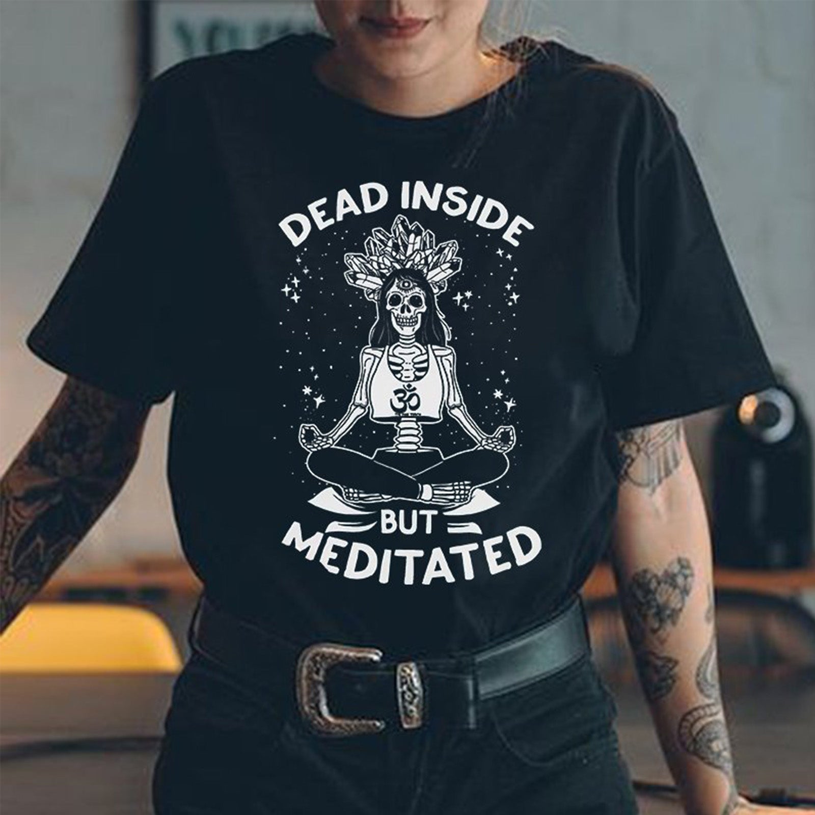 Minnieskull Dead Inside But Meditated Skull Printed Black T-Shirt - chicyea