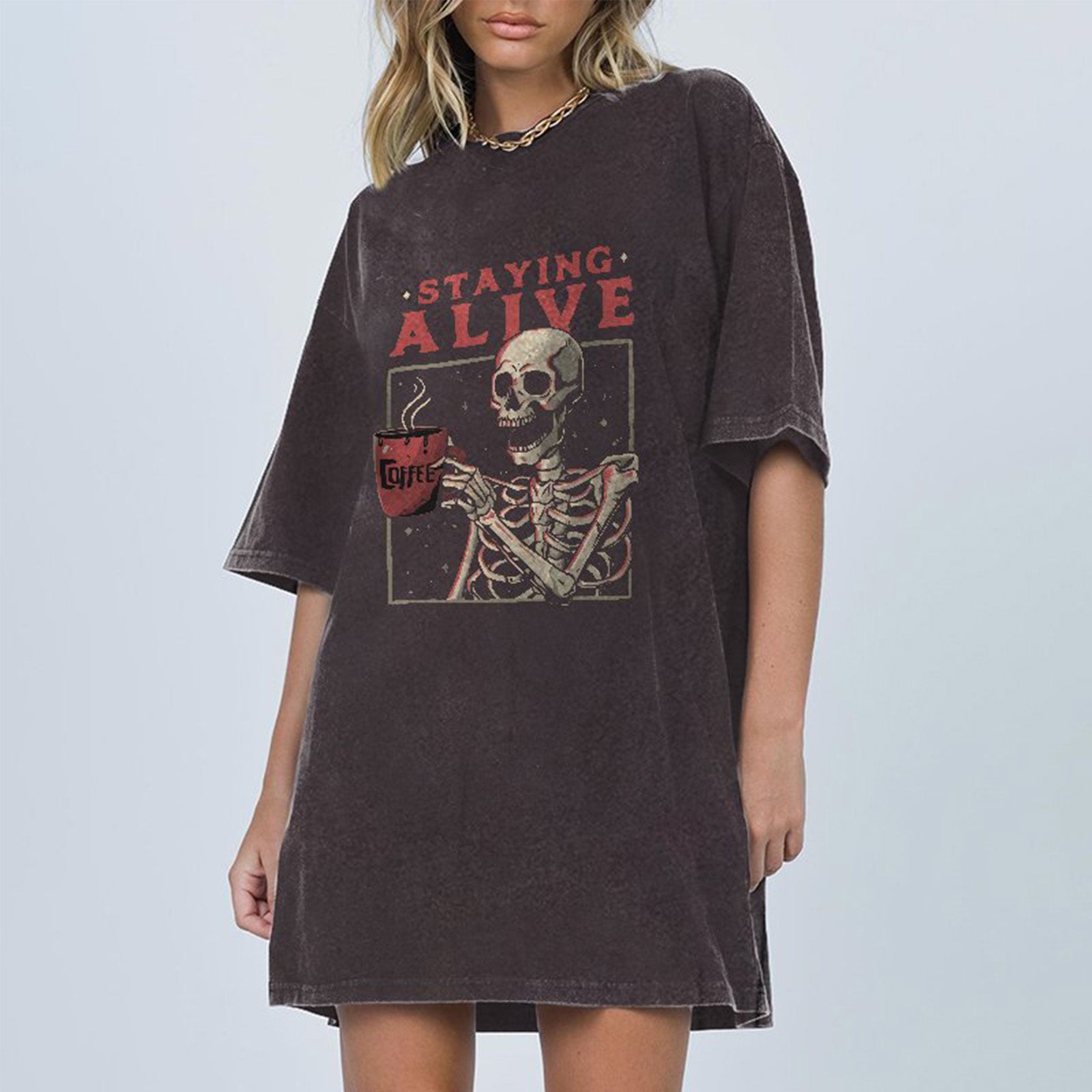 Minnieskull Cool Coffee Skull Staying Alive Print Designer T-Shirt - chicyea