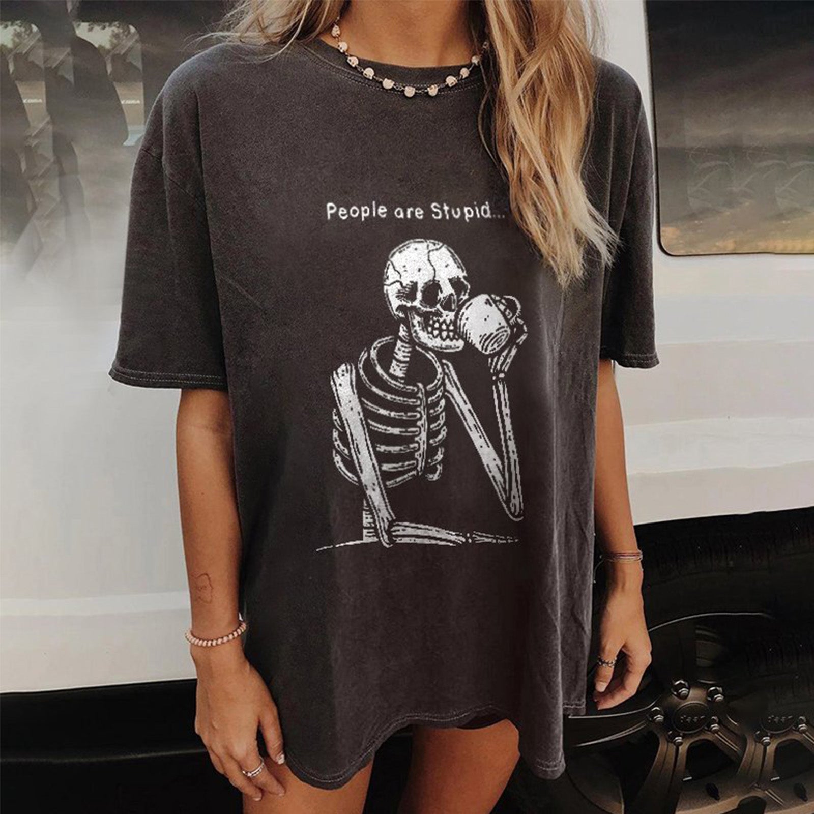 Minnieskull People Are Stupid Skull Print Designer Short Sleeve T-Shirt - chicyea