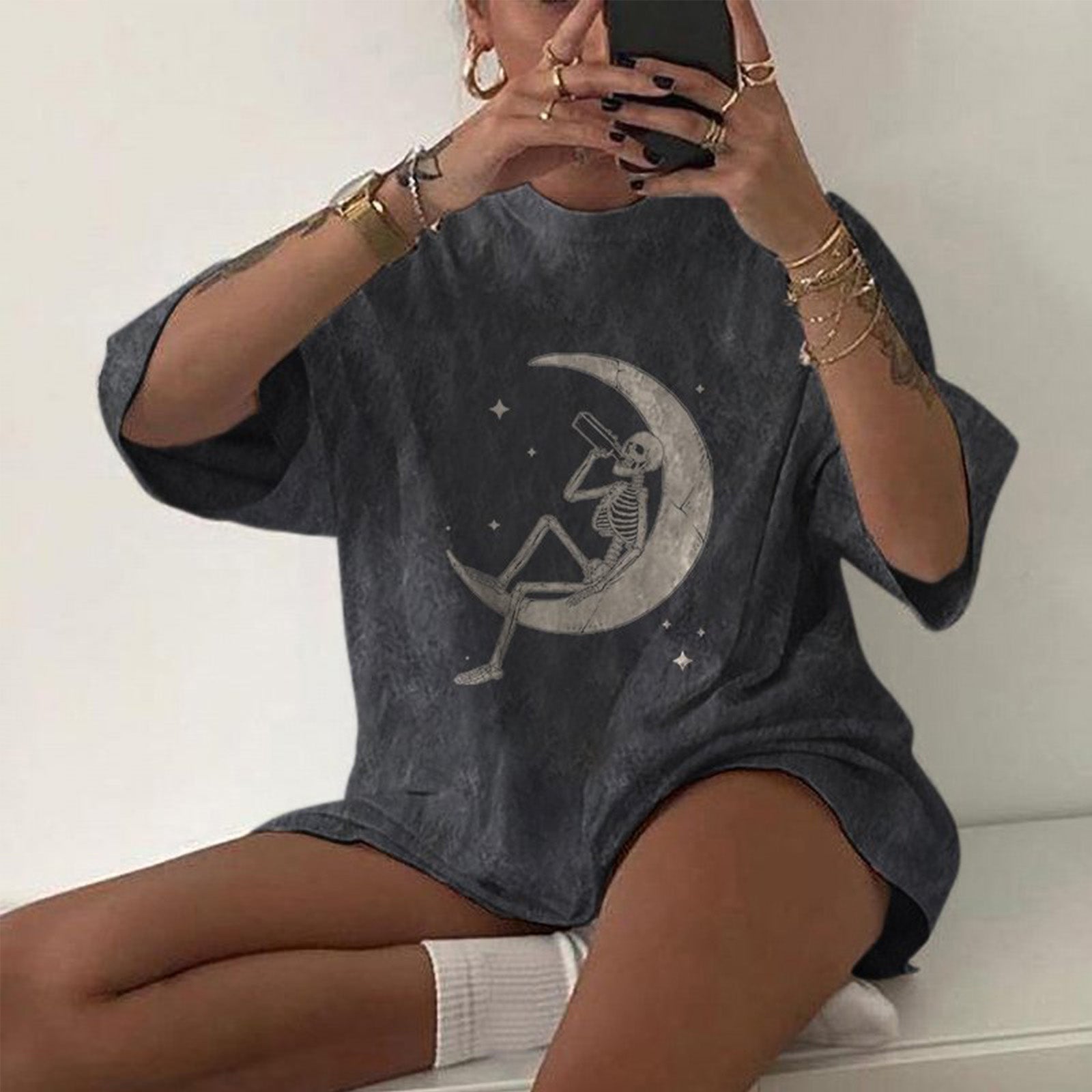 Minnieskull Cool Moon Drinking Skull Printed Fashion Designer T-Shirt - chicyea