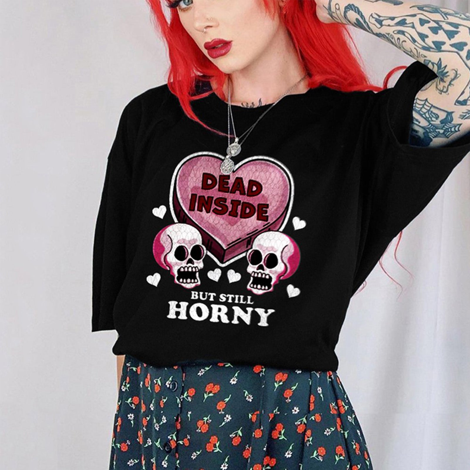 Minnieskull Dead Inside But Still Horny Skull Print Woman Designer T-Shirt - chicyea