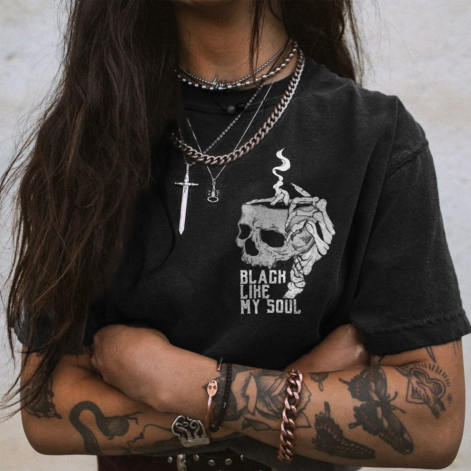 Minnieskull Cool Black Like My Soul Skull Printed Women T-Shirt - chicyea