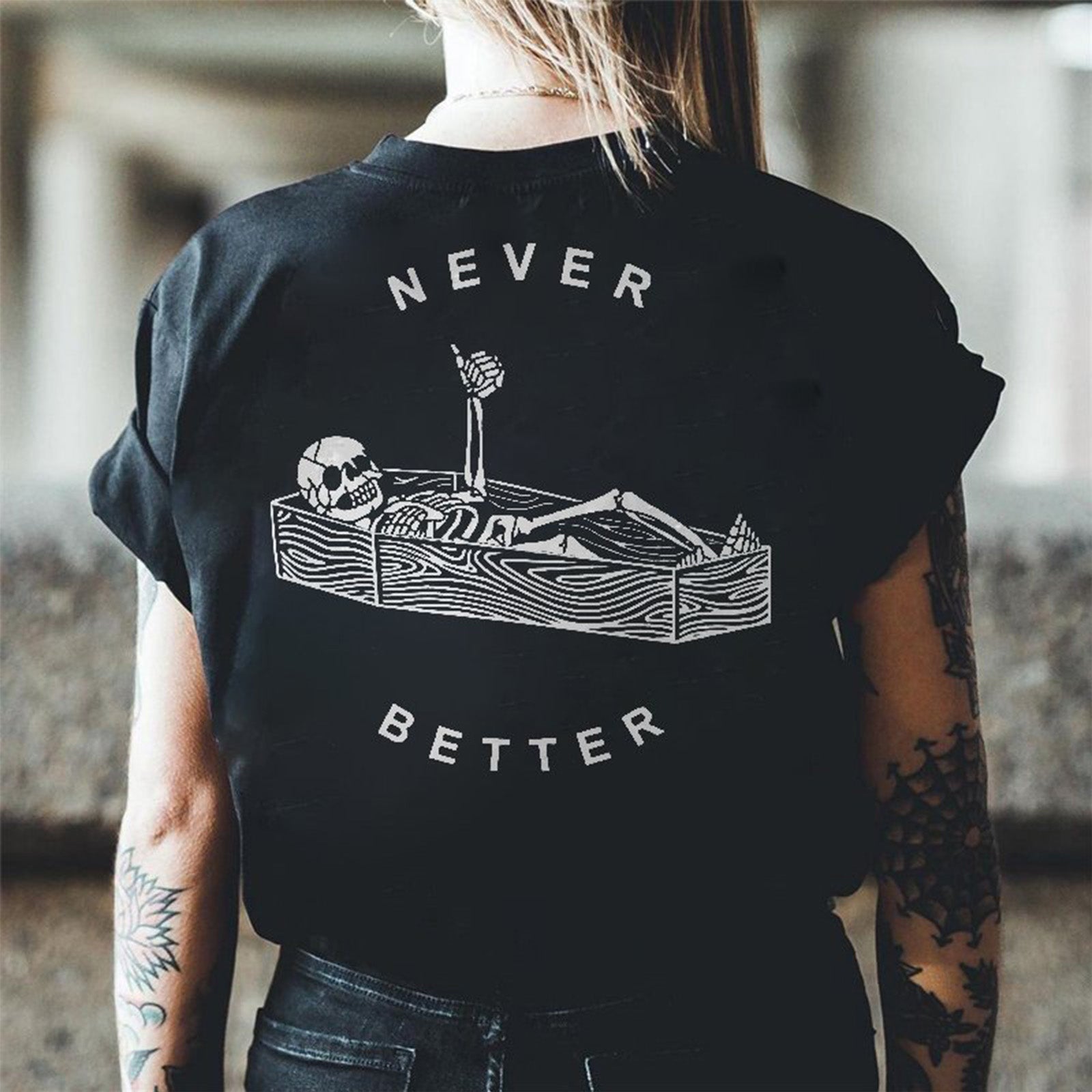 Minnieskull Cool Never Better Skeleton Lying In Coffin Printed Women T-Shirt - chicyea