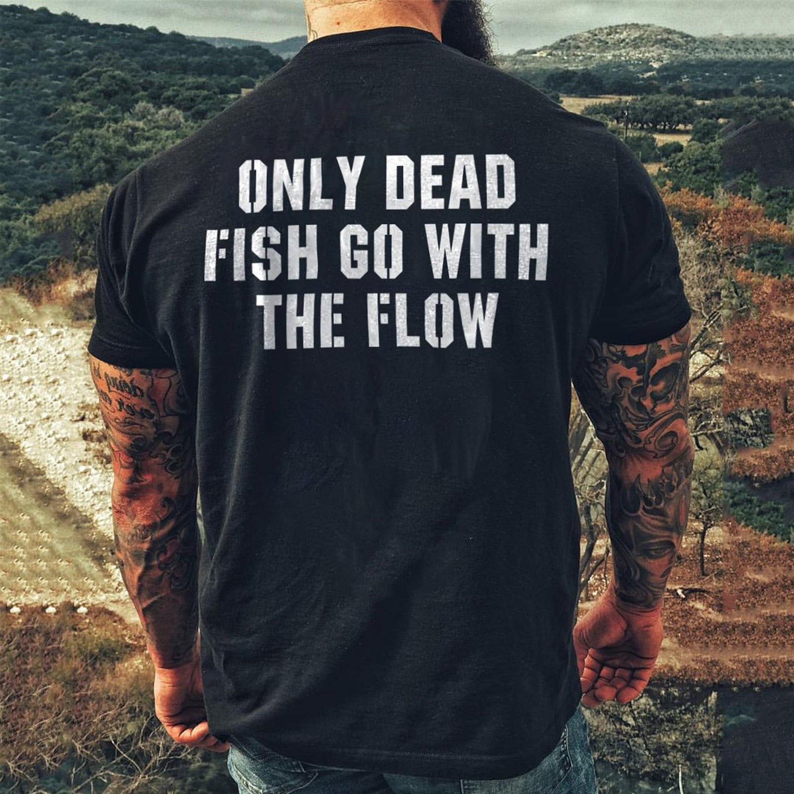 Livereid Only Dead Fish Go With The Flow Letter T-Shirt - chicyea