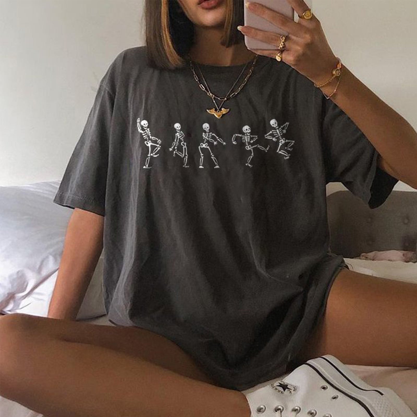 Minnieskull Various Postures Skull Printed T-Shirt - chicyea