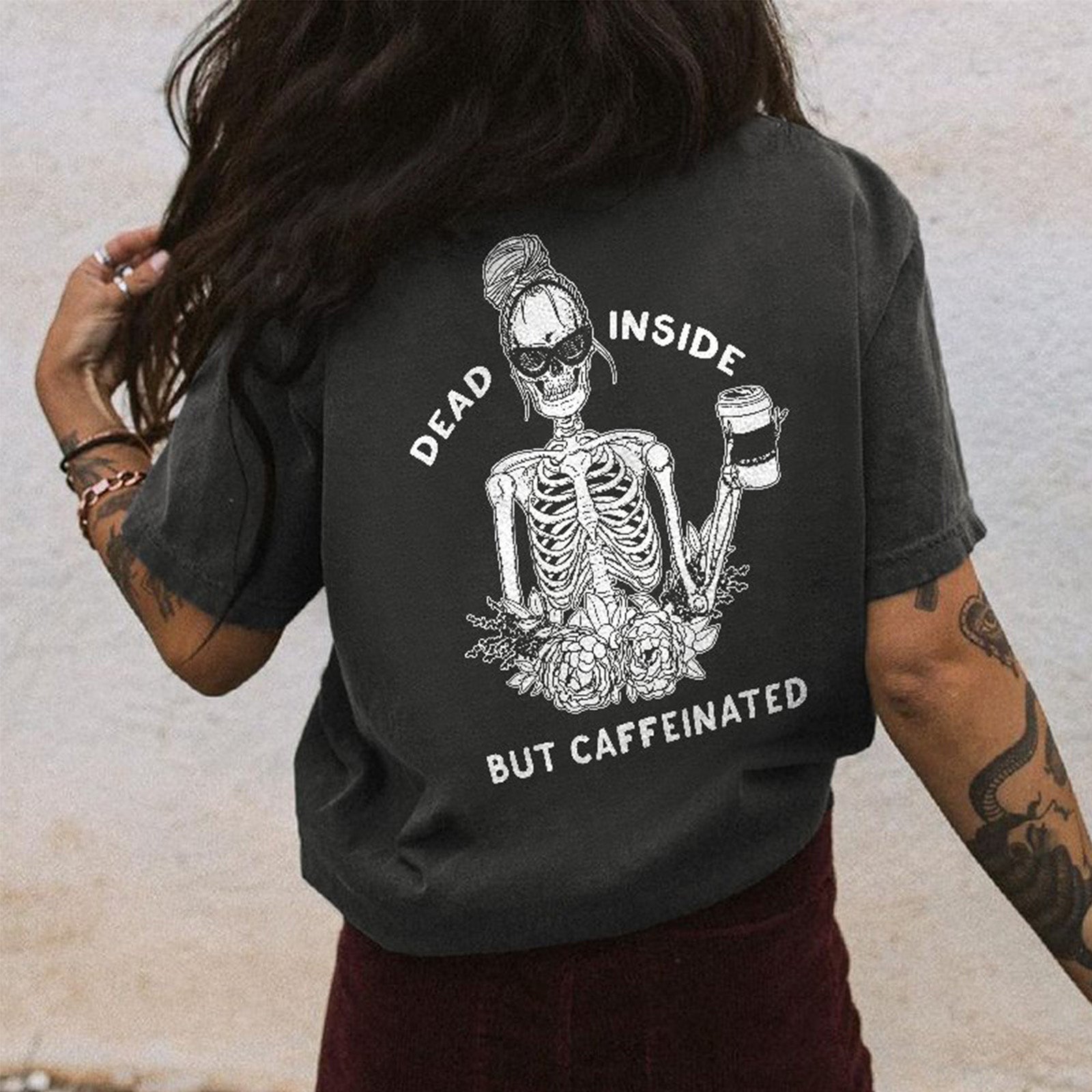 Minnieskull Dead Inside But Caffeinated Printed Gray Women T-Shirt - chicyea