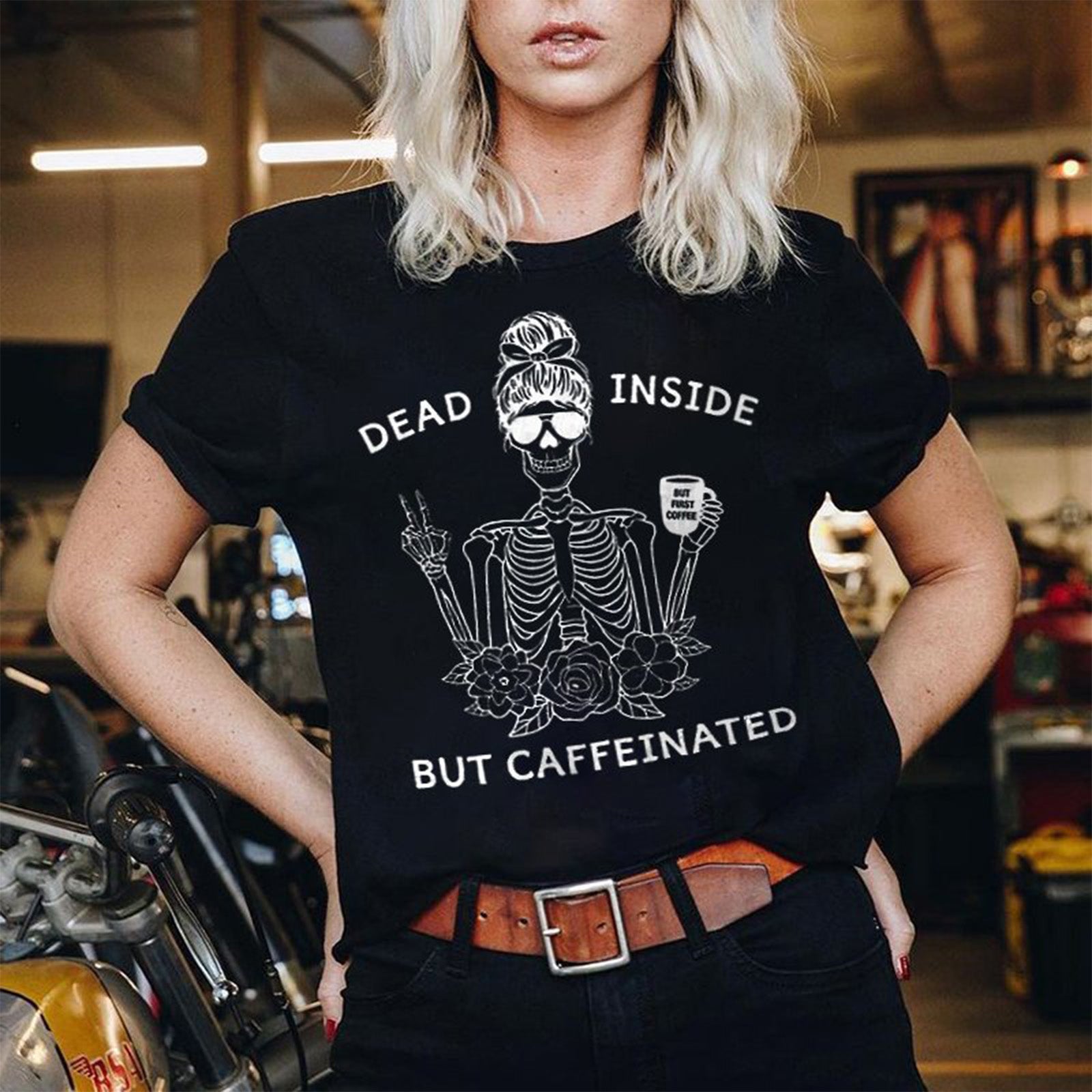 Minnieskull Dead Inside But Caffeinated Victory Gesture Skull Printed Women T-Shirt - chicyea