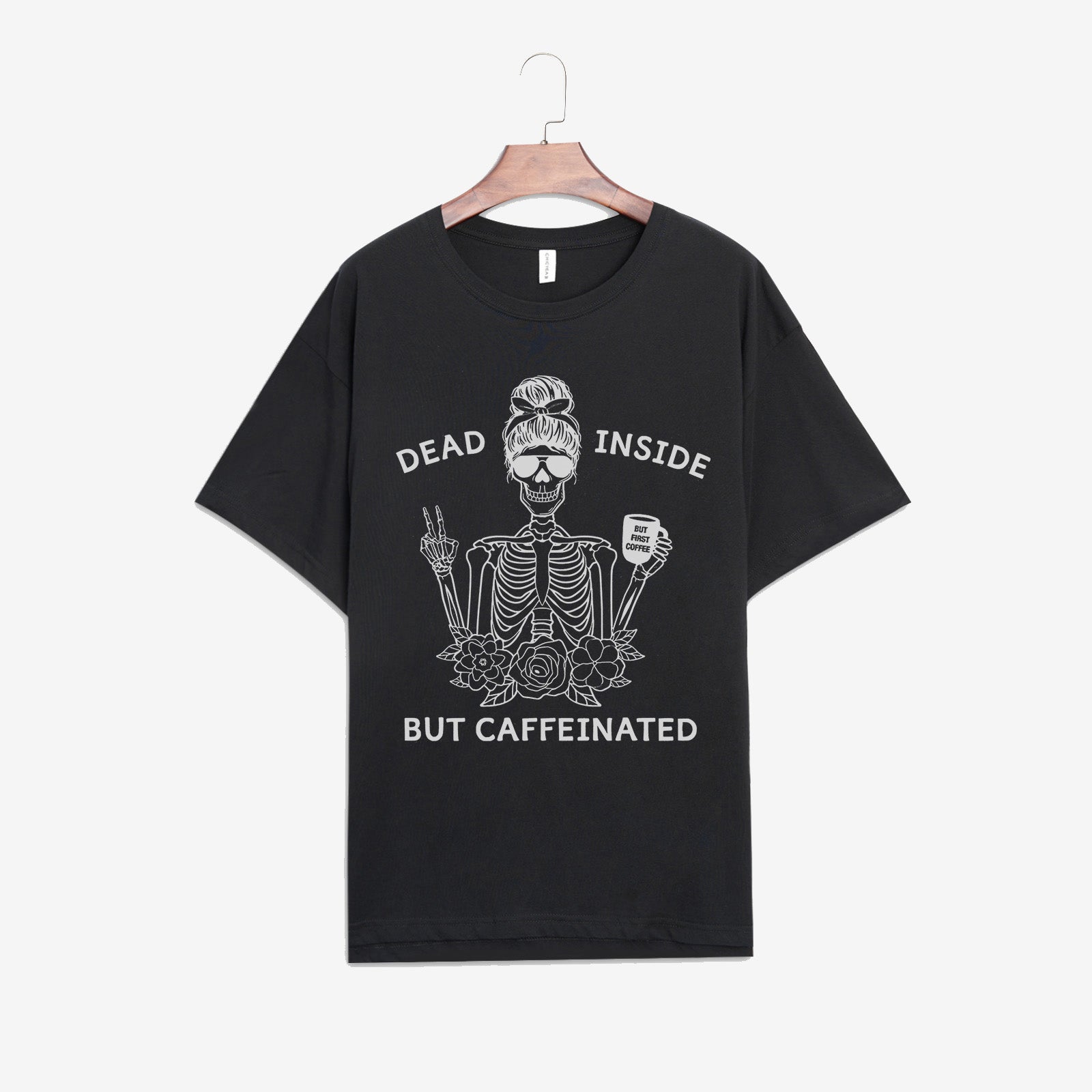 Minnieskull Dead Inside But Caffeinated Victory Gesture Skull Printed Women T-Shirt - chicyea