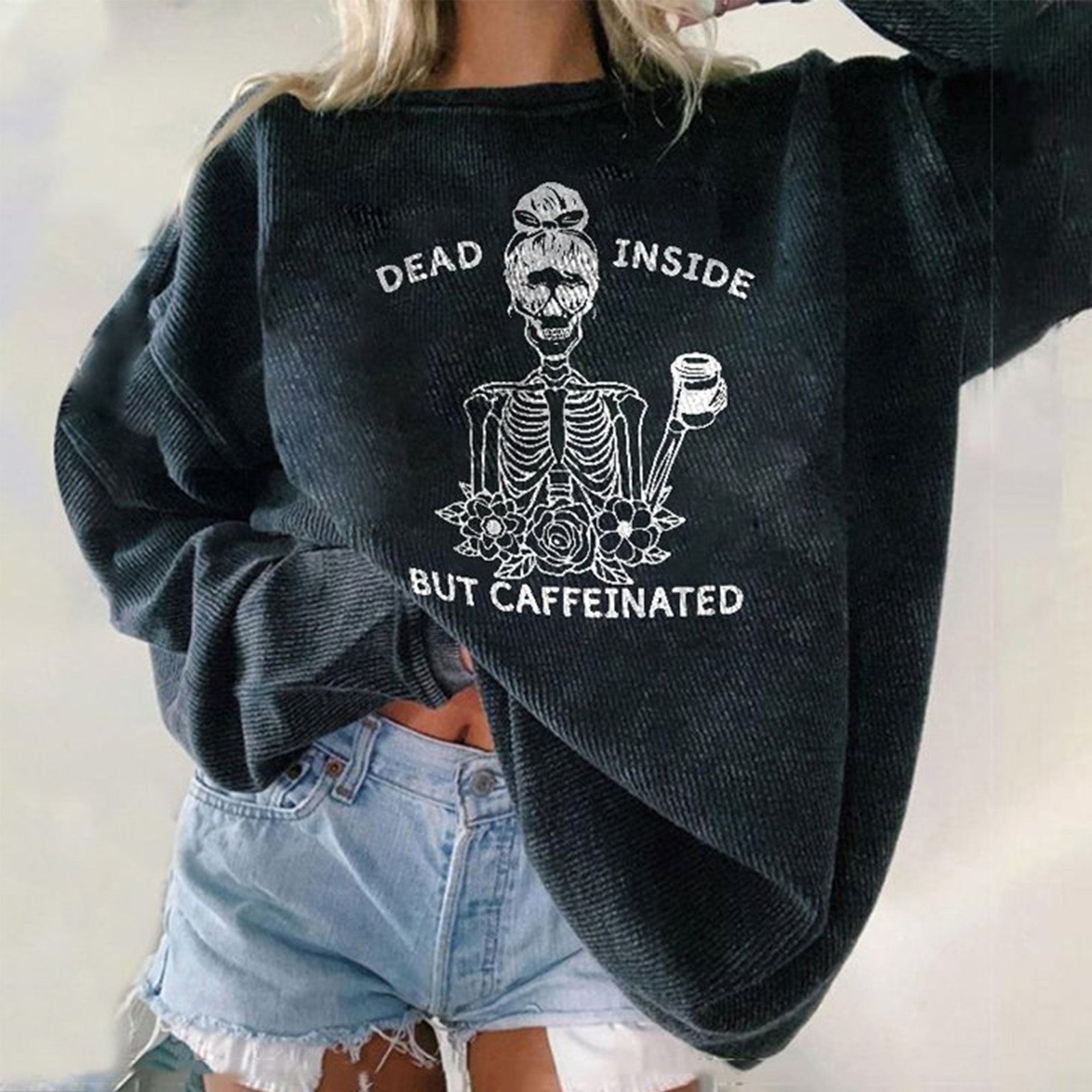 Minnieskull Cool Dead Inside But Caffeinated Printed Women Sweatshirt - chicyea