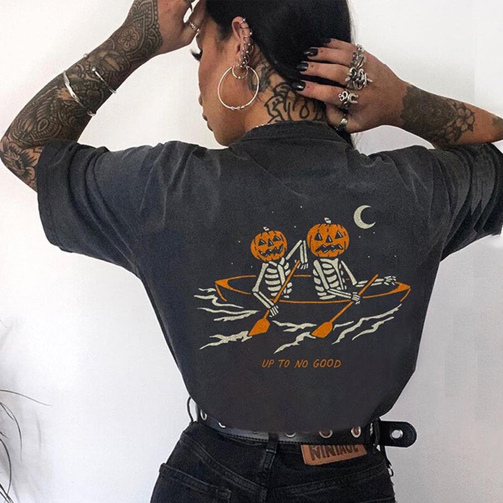 Minnieskull Cool Up To No Good Pumpkin Head Skeleton Print Women Plus T-Shirt - chicyea