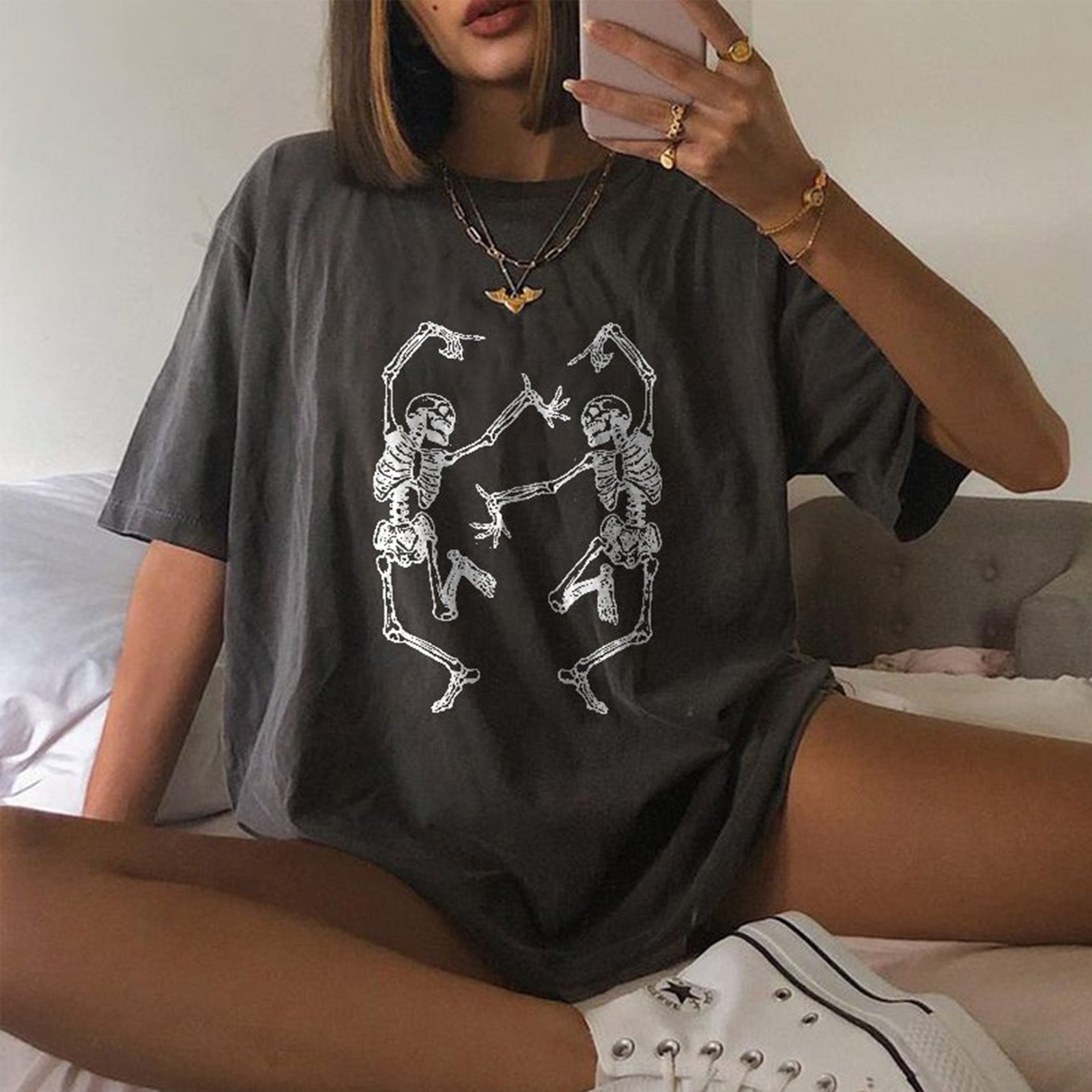 Minnieskull Cool Happy Dancing Skeleton Printed Women Plus T-Shirt - chicyea