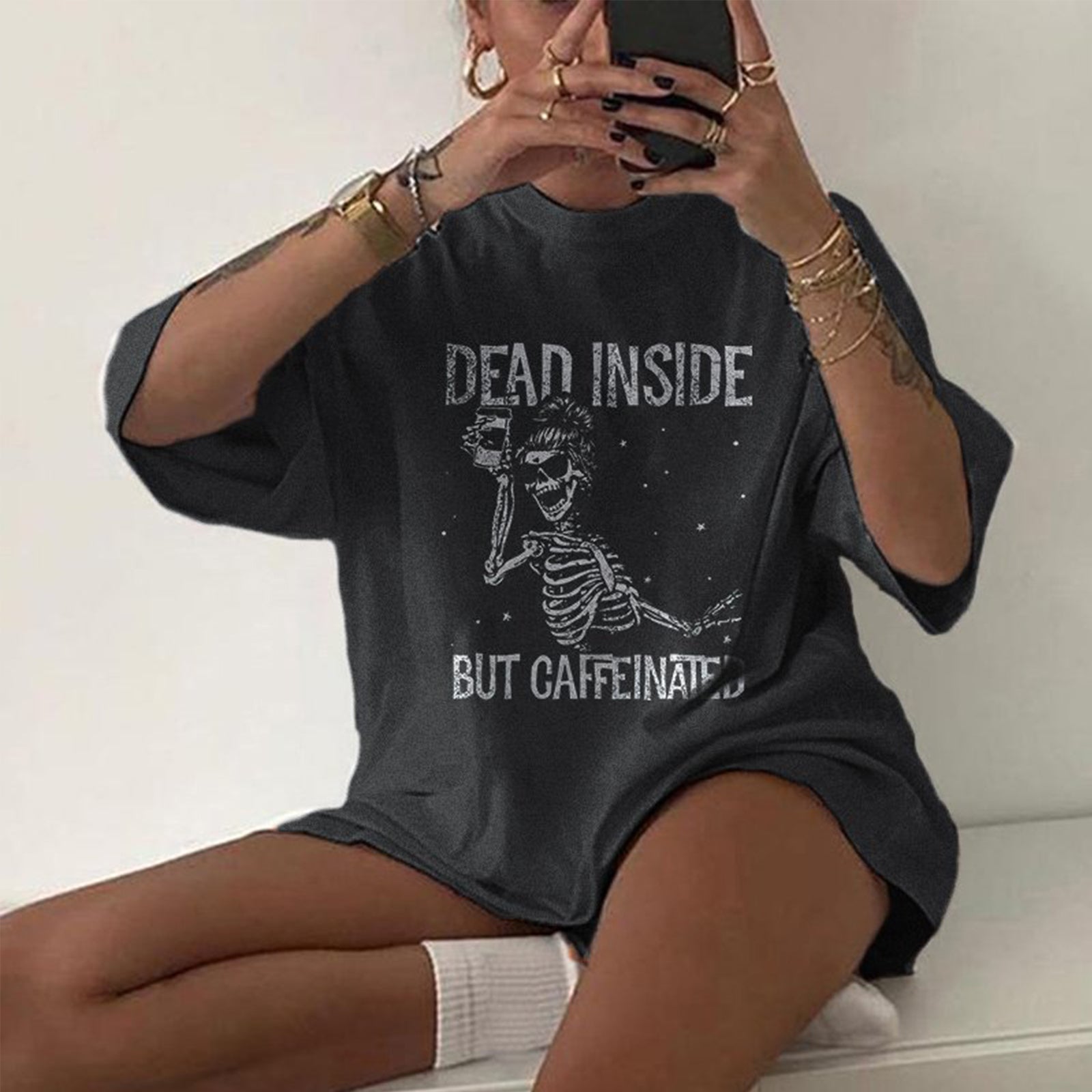 Minnieskull Cool Dead Inside But Caffeinated Skull Print T-Shirt - chicyea