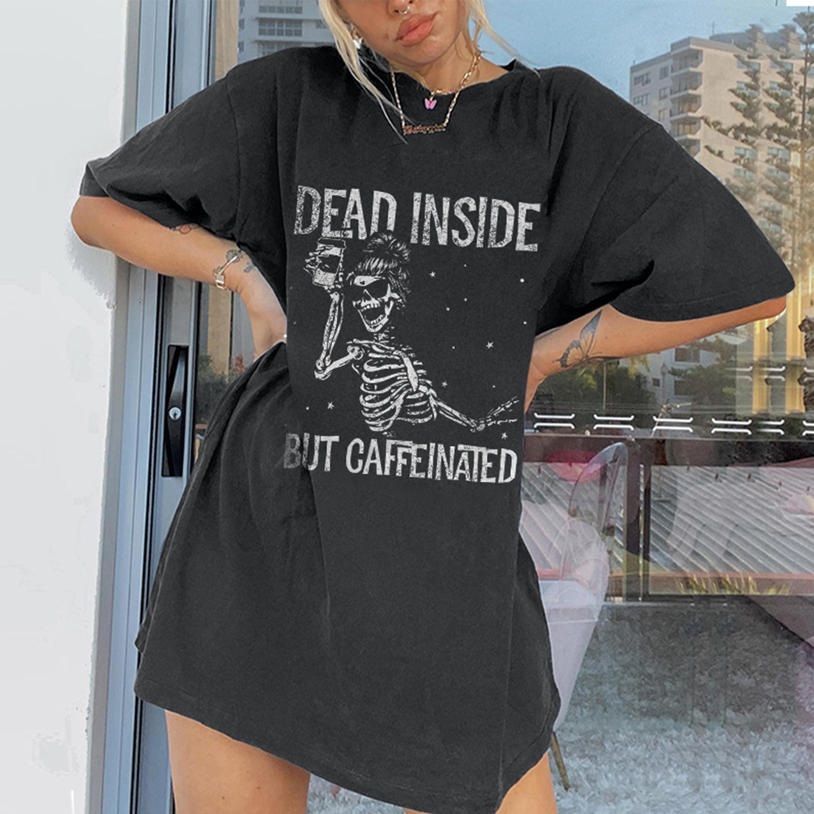 Minnieskull Cool Dead Inside But Caffeinated Skull Print T-Shirt - chicyea