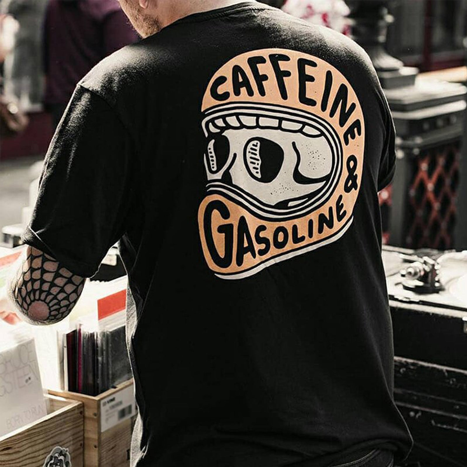 Uprandy Caffeine Gasoline Skull Helmet Print Black T-Shirt - chicyea