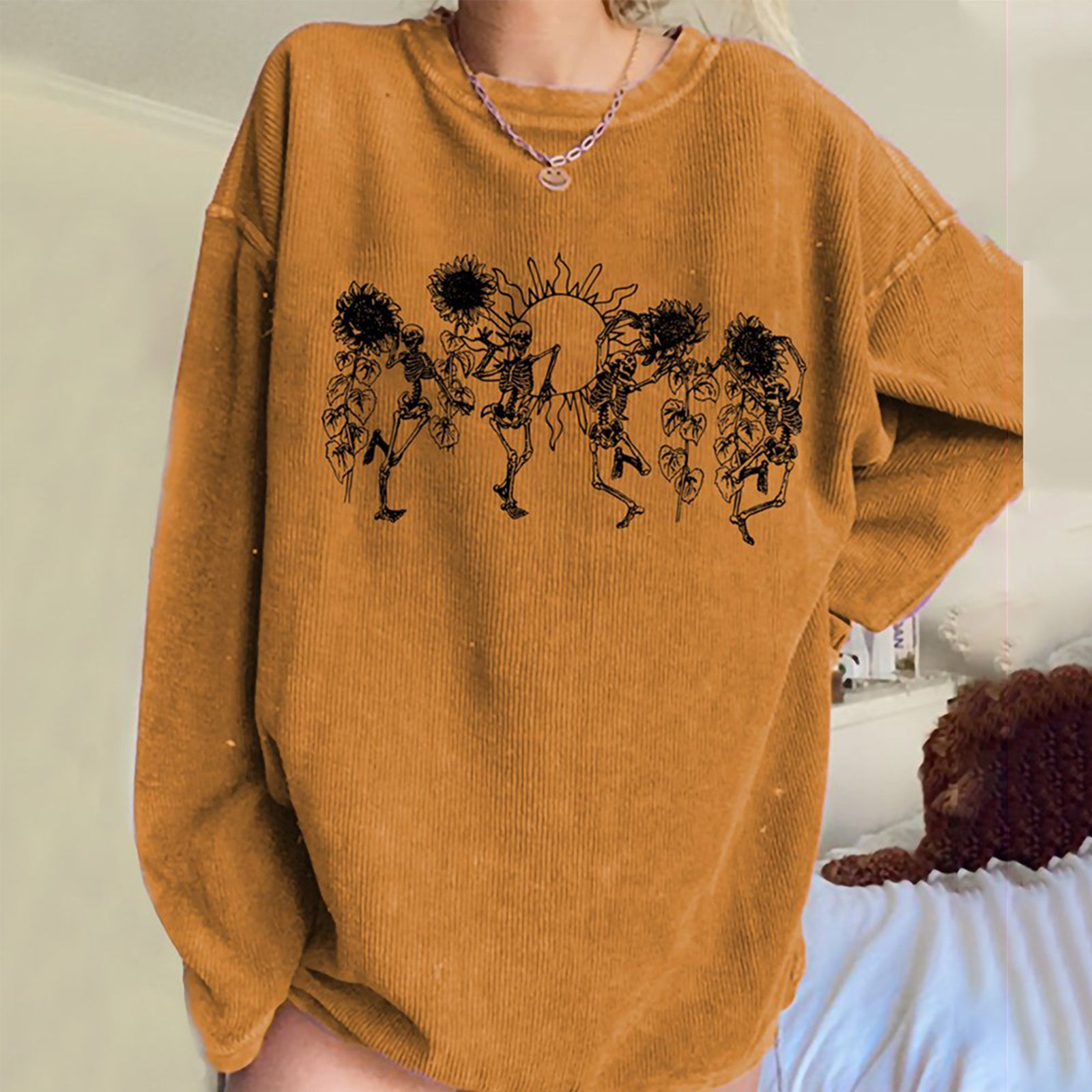 Minnieskull Cool Happy Skulls Sunflowers Printed Women Casual Sweatshirt - chicyea