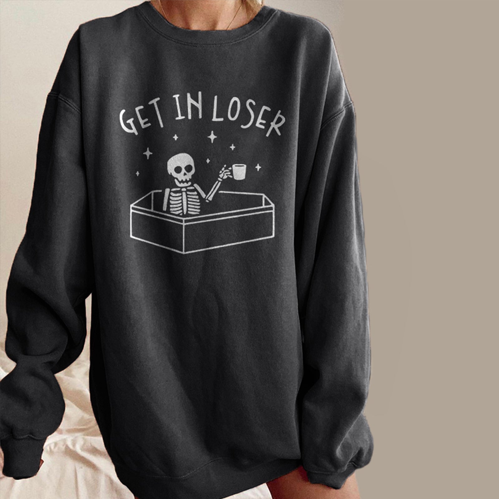 Minnieskull Cool Skull Drinking Coffee Get In Loser Printed Sweatshirt - chicyea