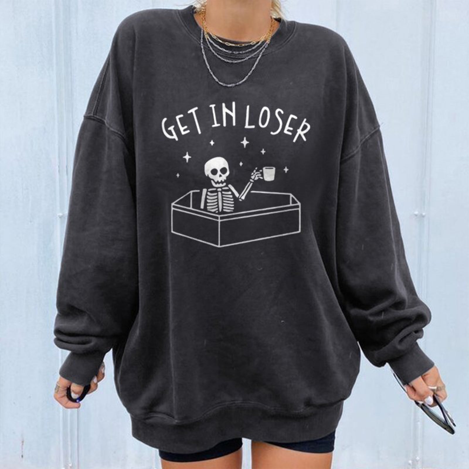 Minnieskull Cool Skull Drinking Coffee Get In Loser Printed Sweatshirt - chicyea
