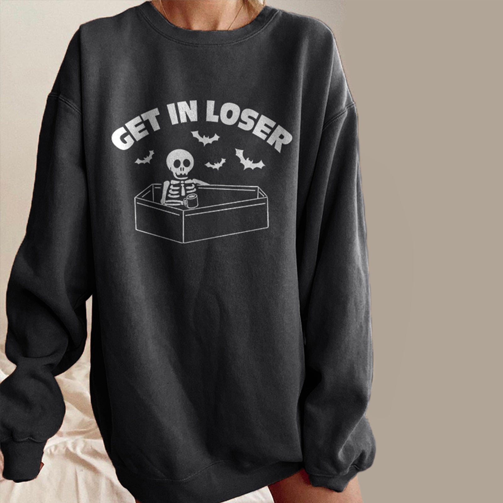 Minnieskull Get In Loser Skull Bat Graphic Sweatshirt - chicyea
