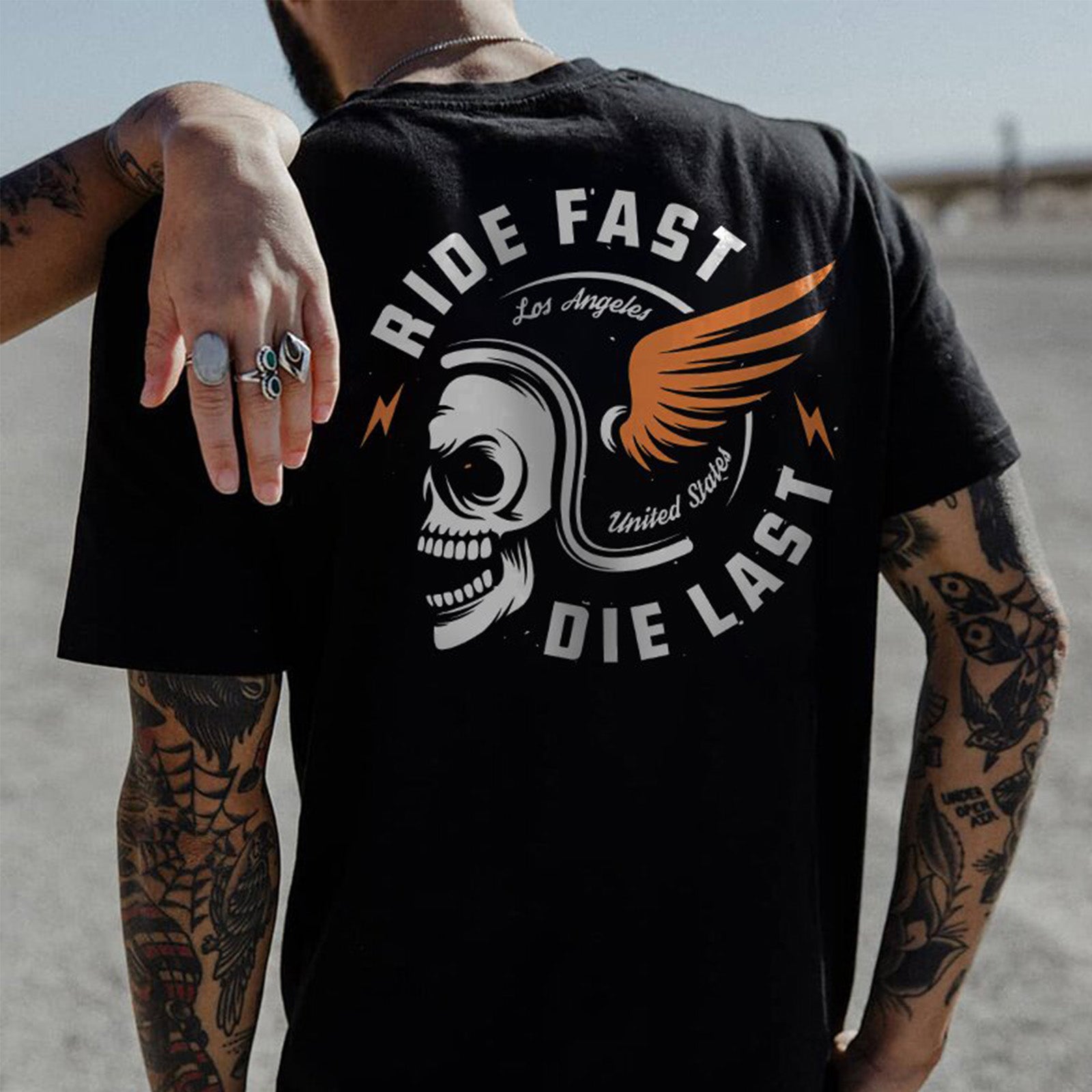Uprandy Ride Fast Die Last Skull Helmet T-Shirt - chicyea