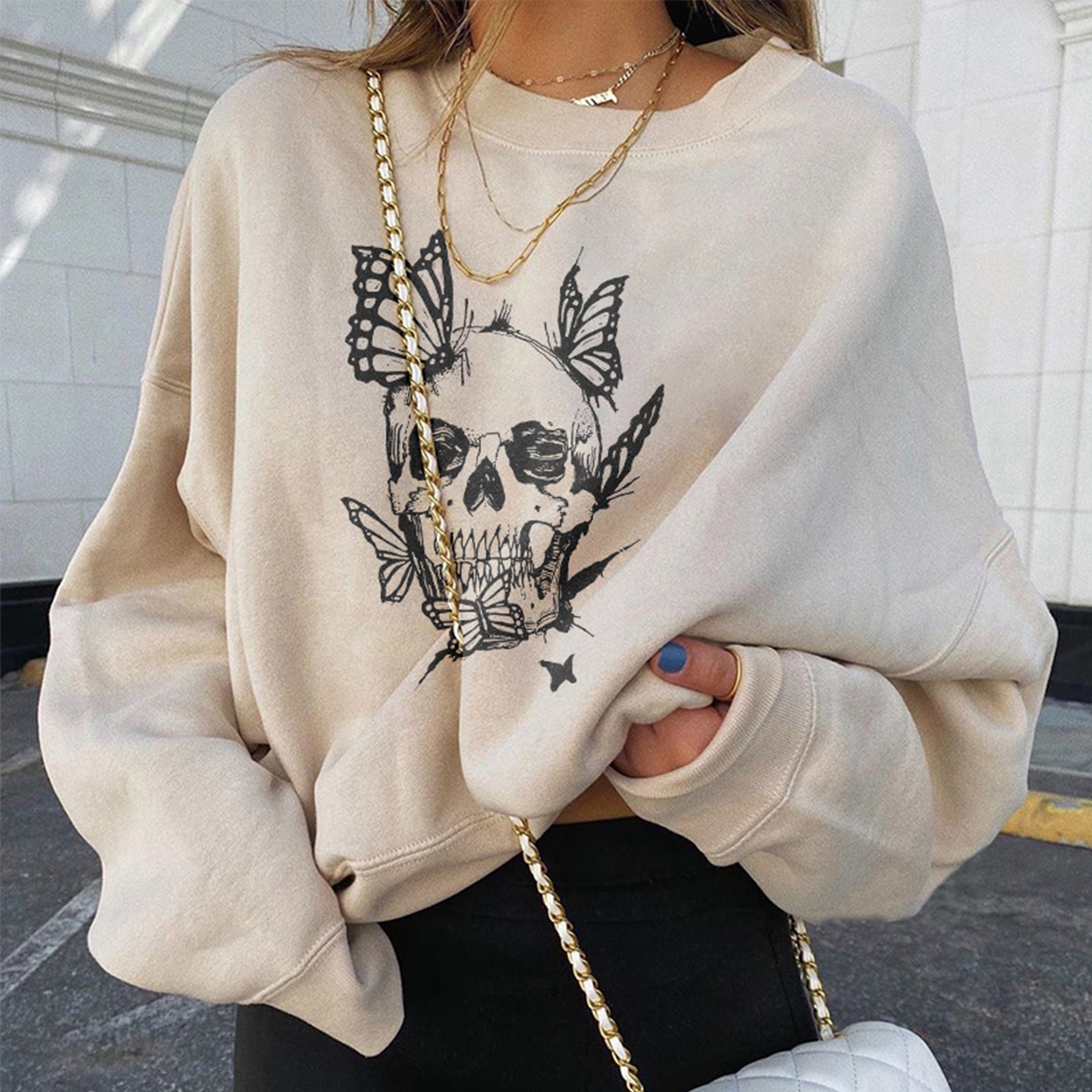 Minnieskull Cool Women Fashion Skull Butterfly Print Sweatshirt - chicyea